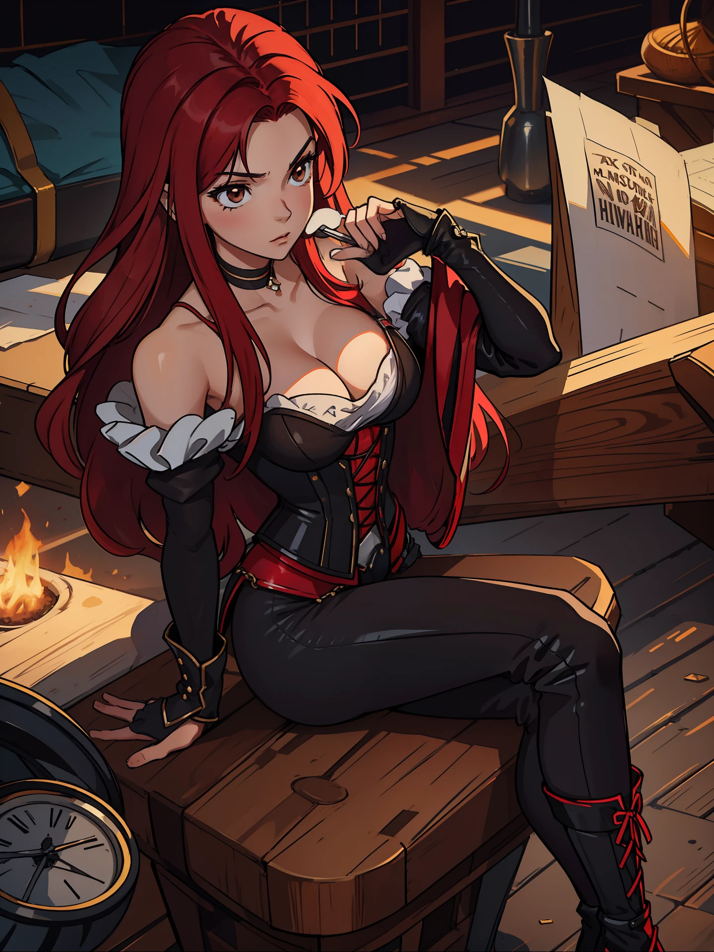 Erza Scarlet is one of the main characters in the series. The young woman with scarlet hair and brown eyes is described as an amazing woman, very strict and who does not admit when others make mistakes. She's a slender, Figura elegante com curvas bem desenhadas. Her most common attire consists of a corset with custom-made laces, a pair of black pants, Botas pretas e brincos em forma de diamante, in high resolution, circunstanciado ((melhor qualidade))