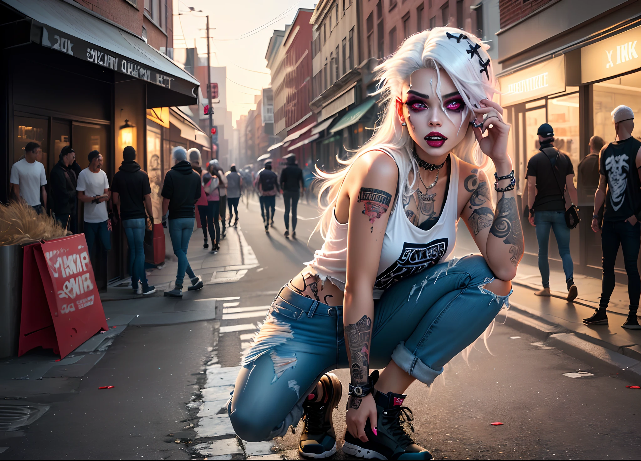 (girl trapped in a bottle)white hair woman, Hair Punk, Fashion Photography Editorial Style, Hype Beast Super Fast Fashion Gangster Sign
Zombie Girl, Full body, Solo, White hair, white and transparent eyes, Aggressive face, terrified expression, Torn tank top T-shirt, torn jeans,Night, short boot, deserted street, fullmoon, vampire teeth, Torn clothing, Blood all over the body, masutepiece, High resolution, Best Quality, Super Detail, intricate detailes, Colorful
The prompts for the first theme are as follows:
"(Best Quality, 8K, 32K, masutepiece:1.3), Ultra-detailed, (Photorealistic:1.4), white colors, albino, Punk Girl, Detailed eyes, Upper body, Luxurious punk hair, Edgy punk fashion, Avant-garde makeup, Numerous piercings, Heavily tattooed body, Street background, Backlight effect, blurry backround