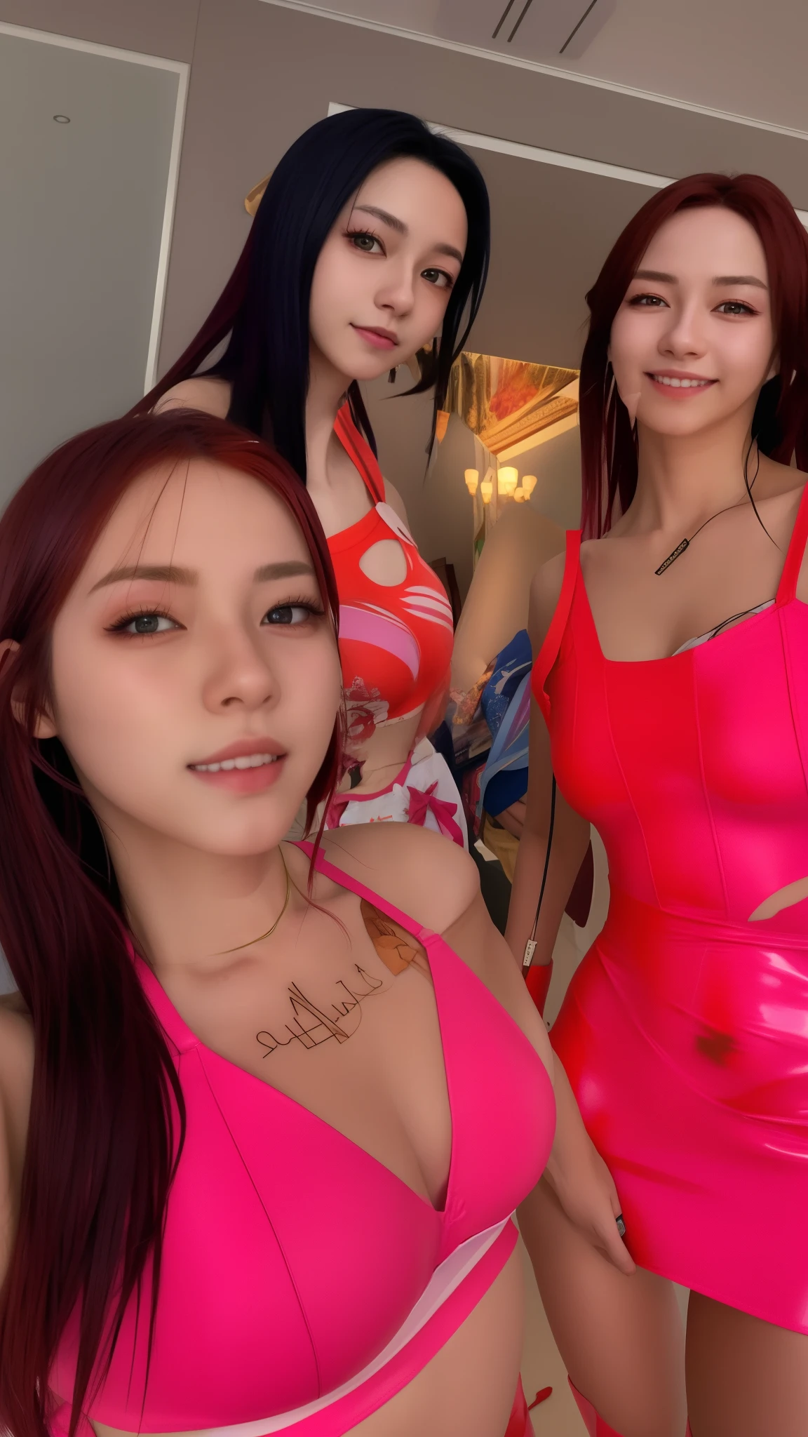 Professional photography, 16K, ultra realistic, super detailed, high resolution, best quality, head: 1.3, (Korean K-pop idol), pale-cyan hair, short hair, pale-white skin, illuminated skin, realistic shading, realistic textures, sharp focus, ( cinema lighting), clavicle, Morning, soft light, dream aesthetic, dream atmosphere, dynamic angle, [: (face detail:1.2):0.2], natural big breasts, tight slit, red dress, hot slim, mid-chest, cleavage, body whole, blurred background, different positions in various types of angles. 