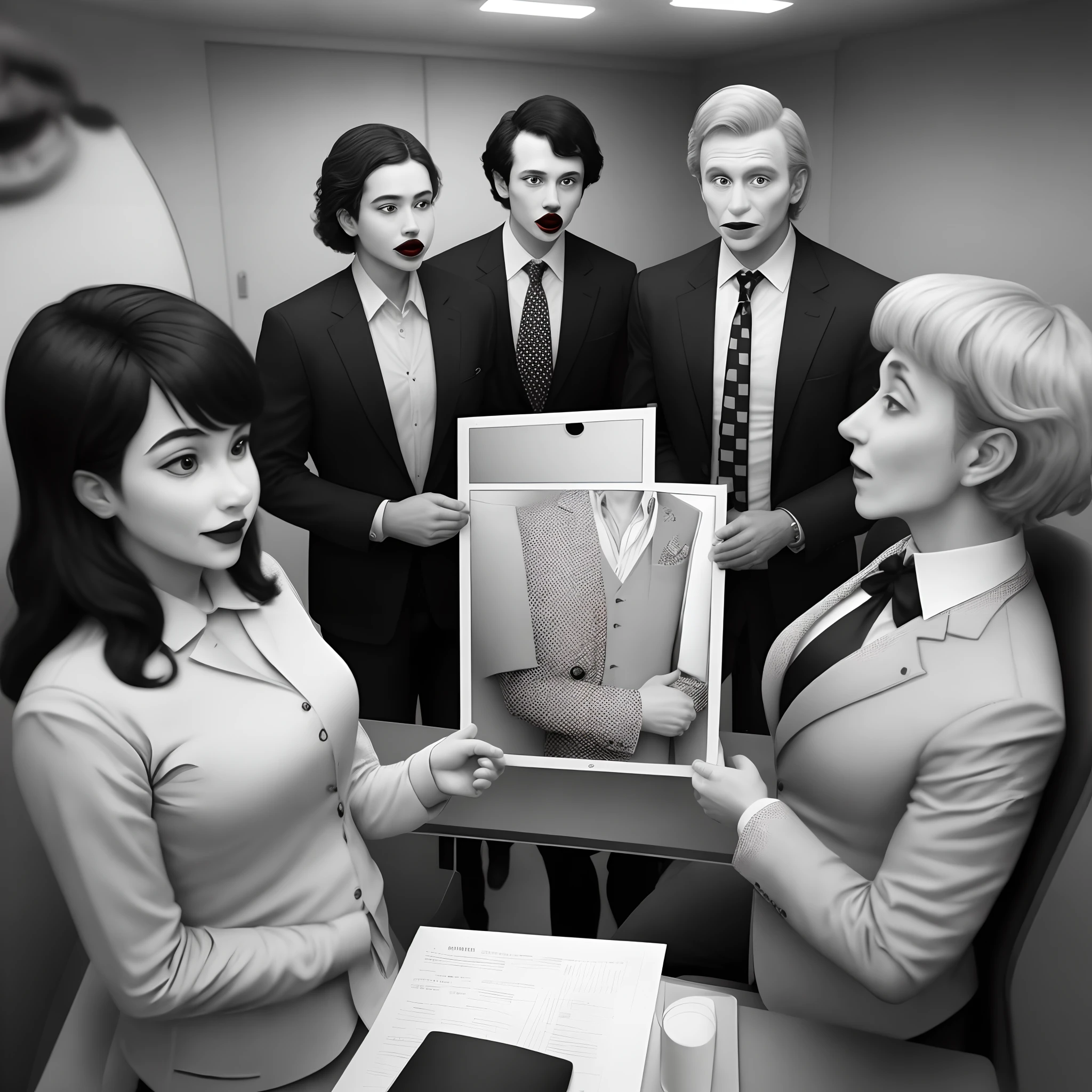 70s Board room full of clowns in polka dots looking at an image of a sharp dressed businessman in a checkered suit