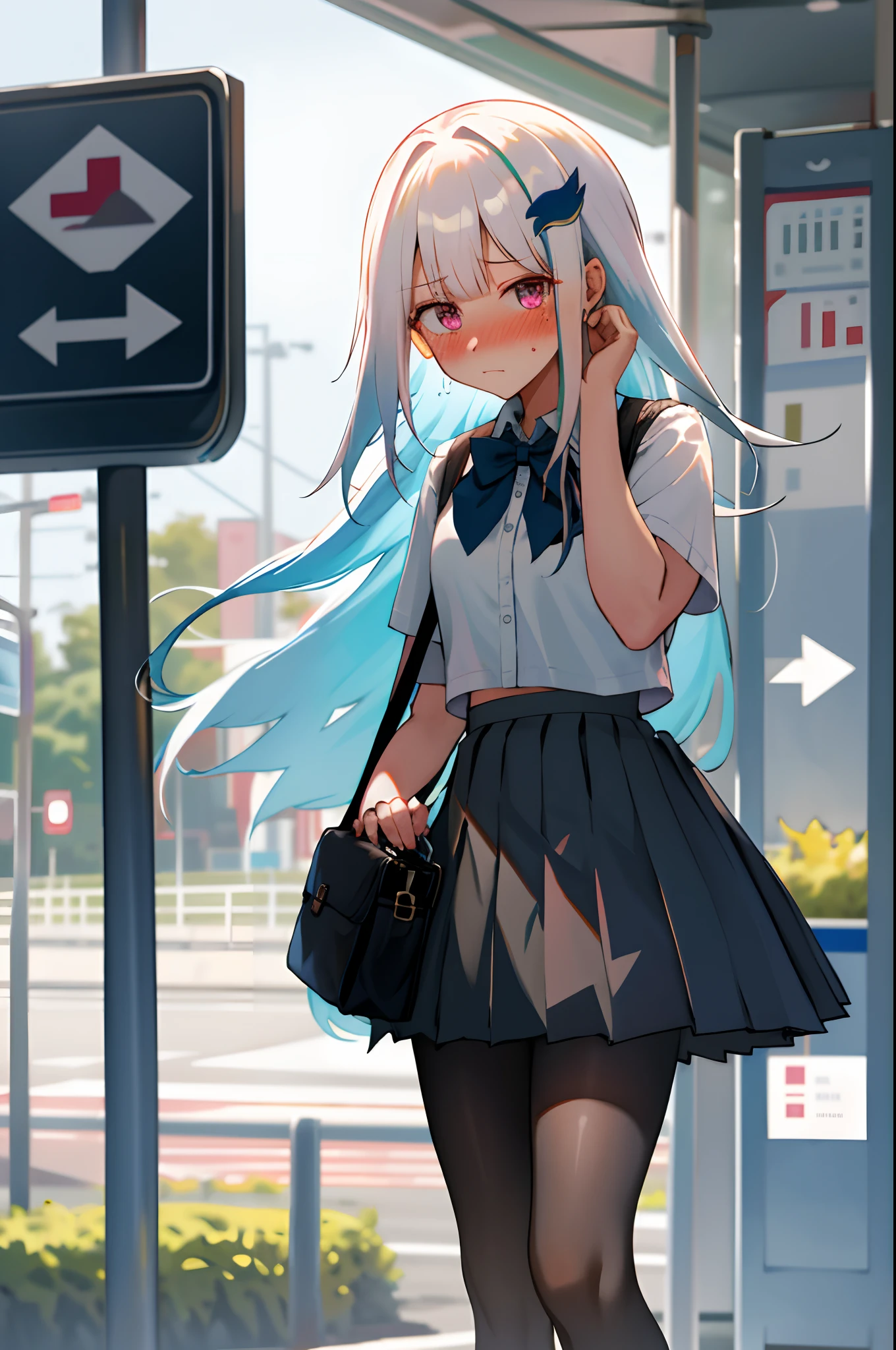 One girl with long hair, white hair, looking at viewer, embarrassed, blushing, tears, outdoor , road, bus stop, busway, white shirts, bow tie, pleated skirt , black skirt, mini skirt, midriff, thigh, perfect waist, bag, noon atmosphere, hair ornament, standing, pantyhose, legs, (embarrassed:1.0)