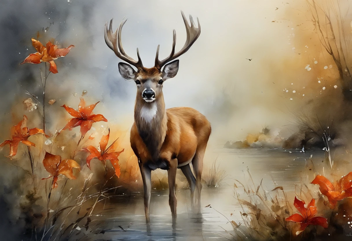 Painting of a deer standing in a stream with fall leaves - SeaArt AI