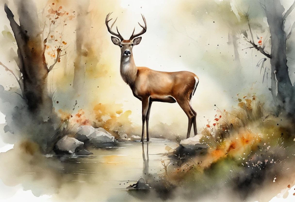 ink and watercolor painting,water ink,ink,Smudge,rivulets,jungles,Flowers,sika deer,steamy,smog,Immortal,super-fine,Hyper-realistic,Ultra photo realsisim,tmasterpiece,8k,on focus,Bokeh,Detailed pubic hair,hyper-detailing,high qulity,High definition,cinematic perspective