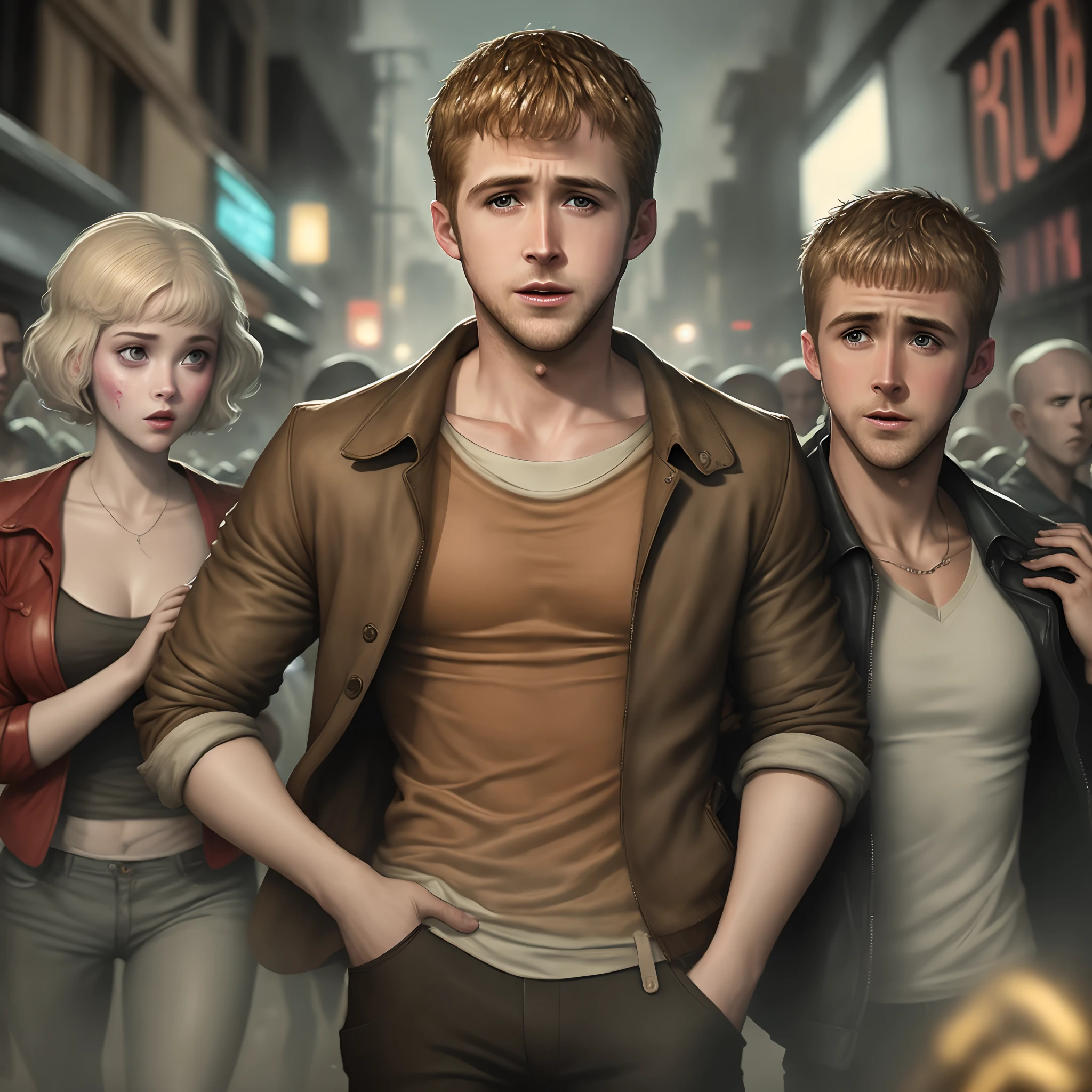 Ryan gosling from blade runner surrounded by a horde of zombies