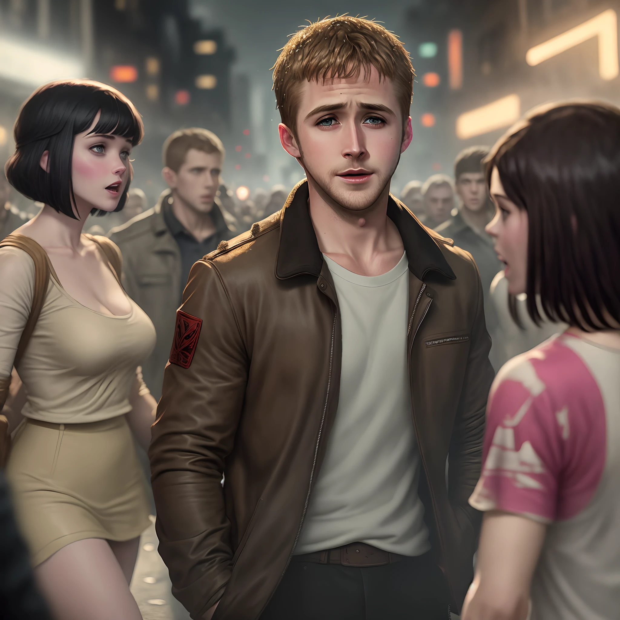 Ryan gosling from blade runner surrounded by a horde of zombies