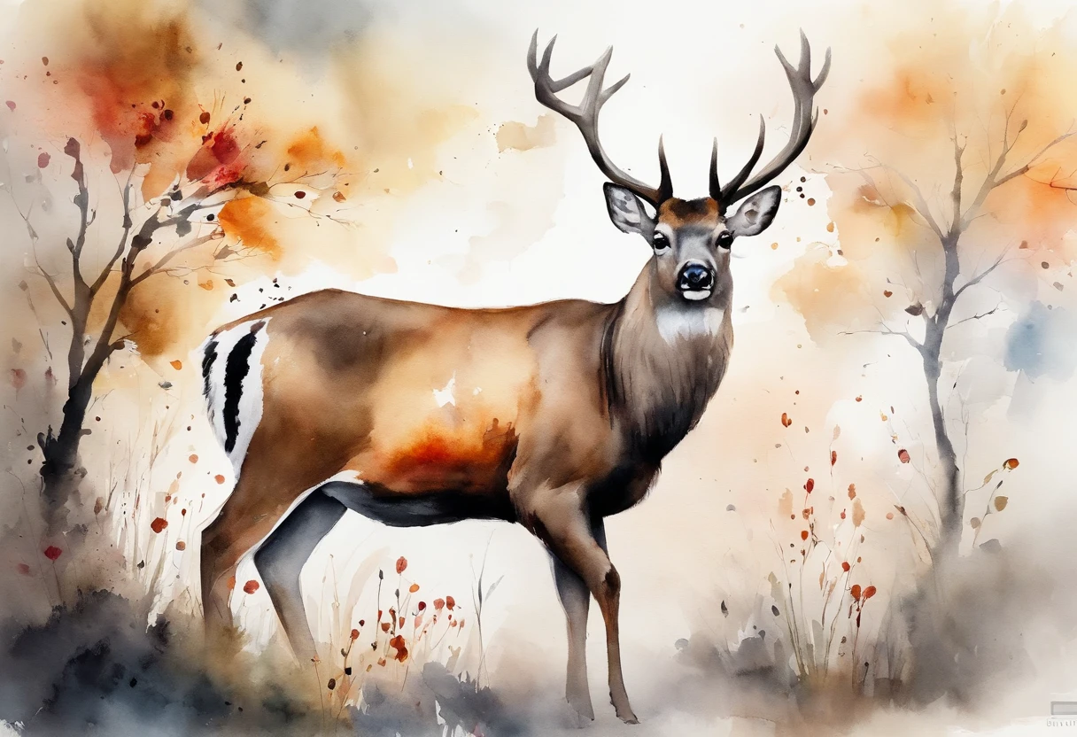 ink and watercolor painting，water ink，ink，Smudge，rivulets，rainbowing，jungles，Flowers，sika deer，steamy，smog，Immortal，vibrant with colors，super-fine，Hyper-realistic，Ultra photo realsisim，tmasterpiece，8k，on focus，Bokeh，Detailed pubic hair，hyper-detailing，high qulity，High definition，cinematic perspective