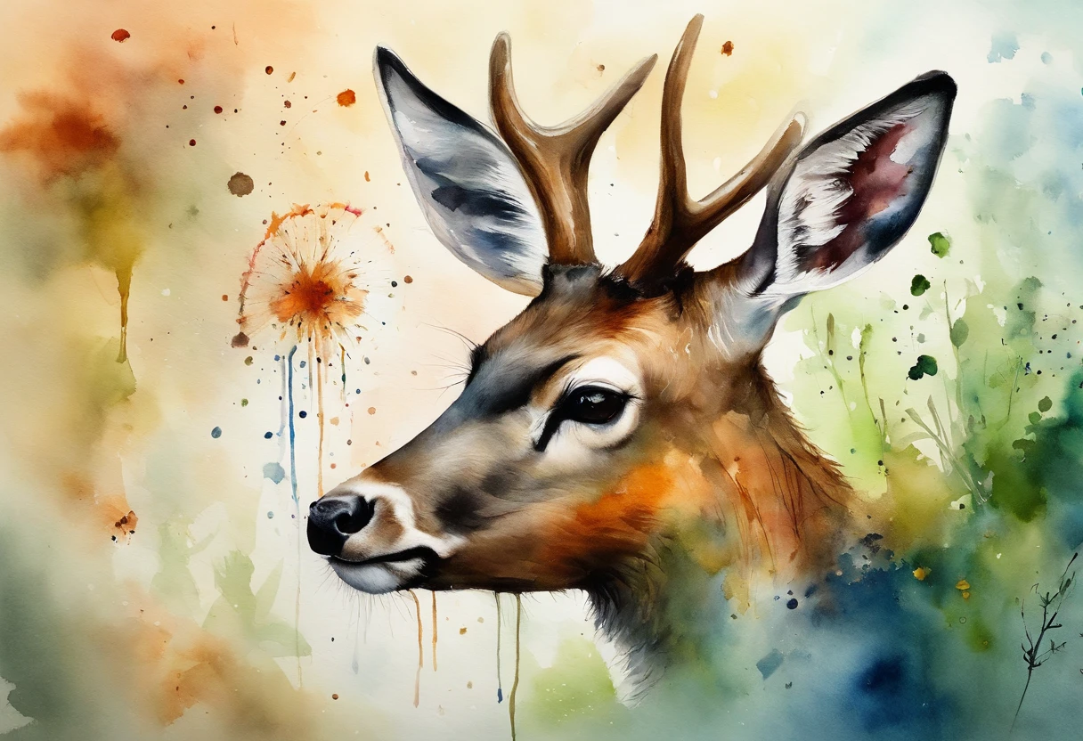 ink and watercolor painting，water ink，ink，Smudge，rivulets，rainbowing，jungles，Flowers，sika deer，steamy，smog，Immortal，vibrant with colors，super-fine，Hyper-realistic，Ultra photo realsisim，tmasterpiece，8k，on focus，Bokeh，Detailed pubic hair，hyper-detailing，high qulity，High definition，cinematic perspective