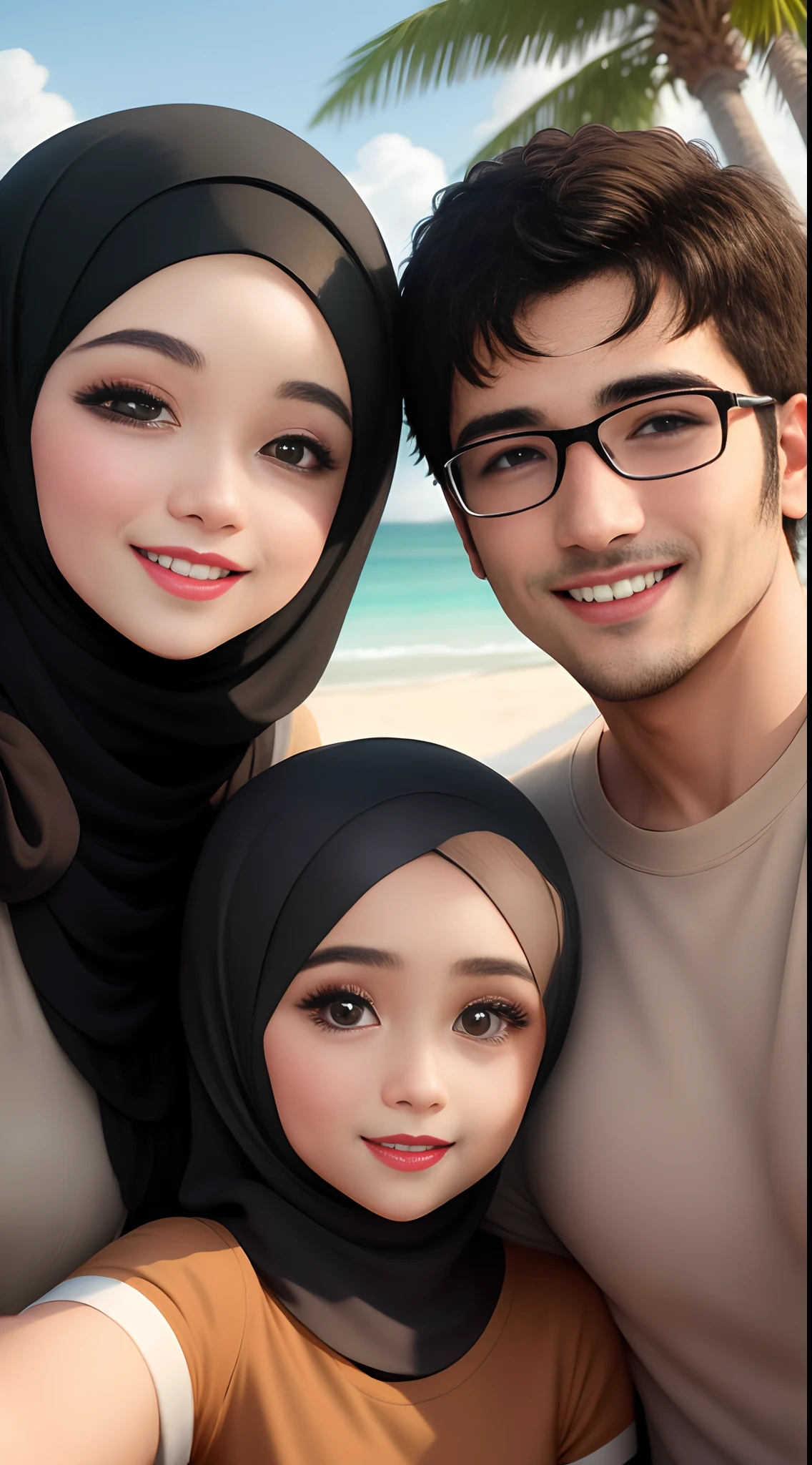 Please make me a Disney Pixar poster of a man and a woman taking a selfie. men position at the back and women in front. Muslim woman wearing a light brown hijab, white skin, big eyes and red lips. a man with short black hair, wearing a brown shirt without a collar, with slightly brown skin, smiling broadly. they took photos with a palm tree as a background