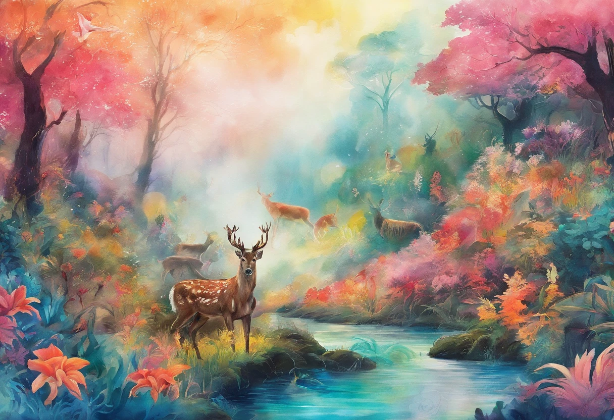 ink and watercolor painting，water ink，ink，Smudge，rivulets，rainbowing，jungles，Flowers，sika deer，steamy，smog，Immortal，vibrant with colors，super-fine，Hyper-realistic，Ultra photo realsisim，tmasterpiece，8k，on focus，Bokeh，Detailed pubic hair，hyper-detailing，high qulity，High definition，cinematic perspective