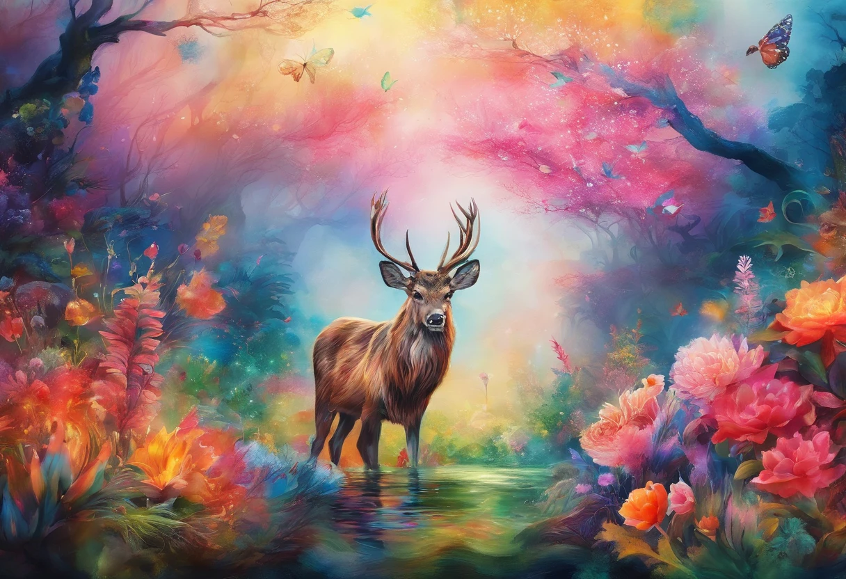 ink and watercolor painting,water ink,ink,Smudge,rivulets,rainbowing,jungles,Flowers,sika deer,steamy,smog,Immortal,vibrant with colors,super-fine,Hyper-realistic,Ultra photo realsisim,tmasterpiece,8k,on focus,Bokeh,Detailed pubic hair,hyper-detailing,high qulity,High definition,cinematic perspective