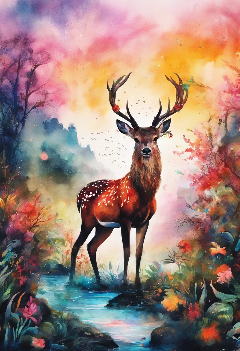 ink and watercolor painting,water ink,ink,Smudge,rivulets,rainbowing,jungles,Flowers,sika deer,steamy,smog,Immortal,vibrant with colors,super-fine,Hyper-realistic,Ultra photo realsisim,tmasterpiece,8k,on focus,Bokeh,Detailed pubic hair,hyper-detailing,high qulity,High definition,cinematic perspective