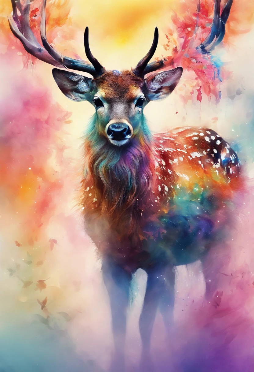 ink and watercolor painting,water ink,ink,Smudge,rivulets,rainbowing,jungles,Flowers,sika deer,steamy,smog,Immortal,vibrant with colors,super-fine,Hyper-realistic,Ultra photo realsisim,tmasterpiece,8k,on focus,Bokeh,Detailed pubic hair,hyper-detailing,high qulity,High definition,cinematic perspective