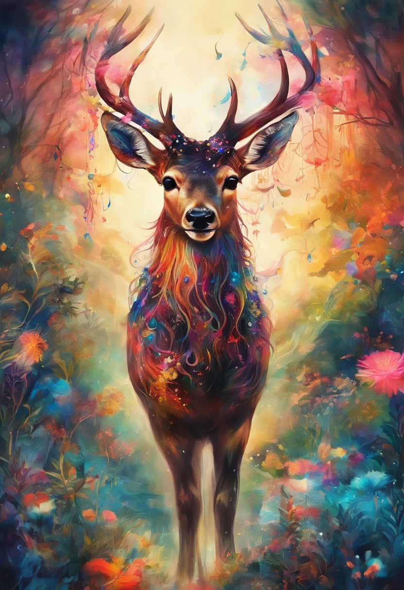 ink and watercolor painting，water ink，ink，Smudge，rivulets，rainbowing，jungles，Flowers，sika deer，steamy，smog，Immortal，vibrant with colors，super-fine，Hyper-realistic，Ultra photo realsisim，tmasterpiece，8k，on focus，Bokeh，Detailed pubic hair，hyper-detailing，high qulity，High definition，cinematic perspective