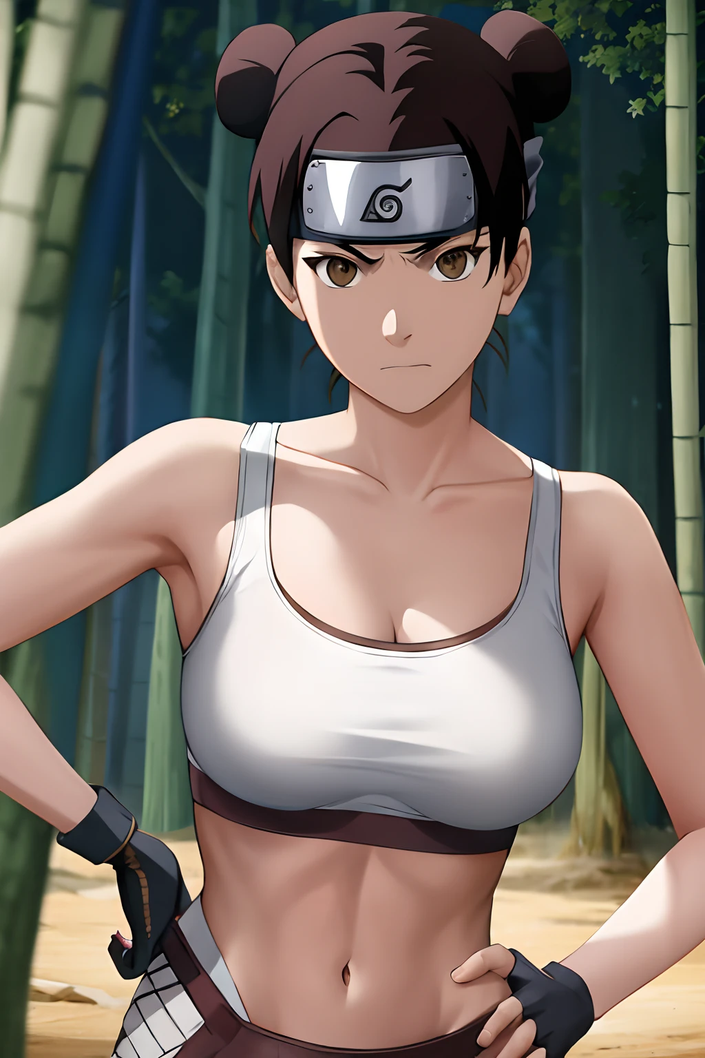 masterpiece, absurdres , (intricate details), (colorful),cinematic lighting,bust shot,extremely detailed CG unity 8k wallpaper,tenten\(shippuden\), 1girl, solo, white sports bra, medium breasts, hand on hip,forehead protector, konohagakure symbol, headband,  looking at viewer, outdoors, bamboo forest,  frown, (busty), ((large breasts)), (slim waist)