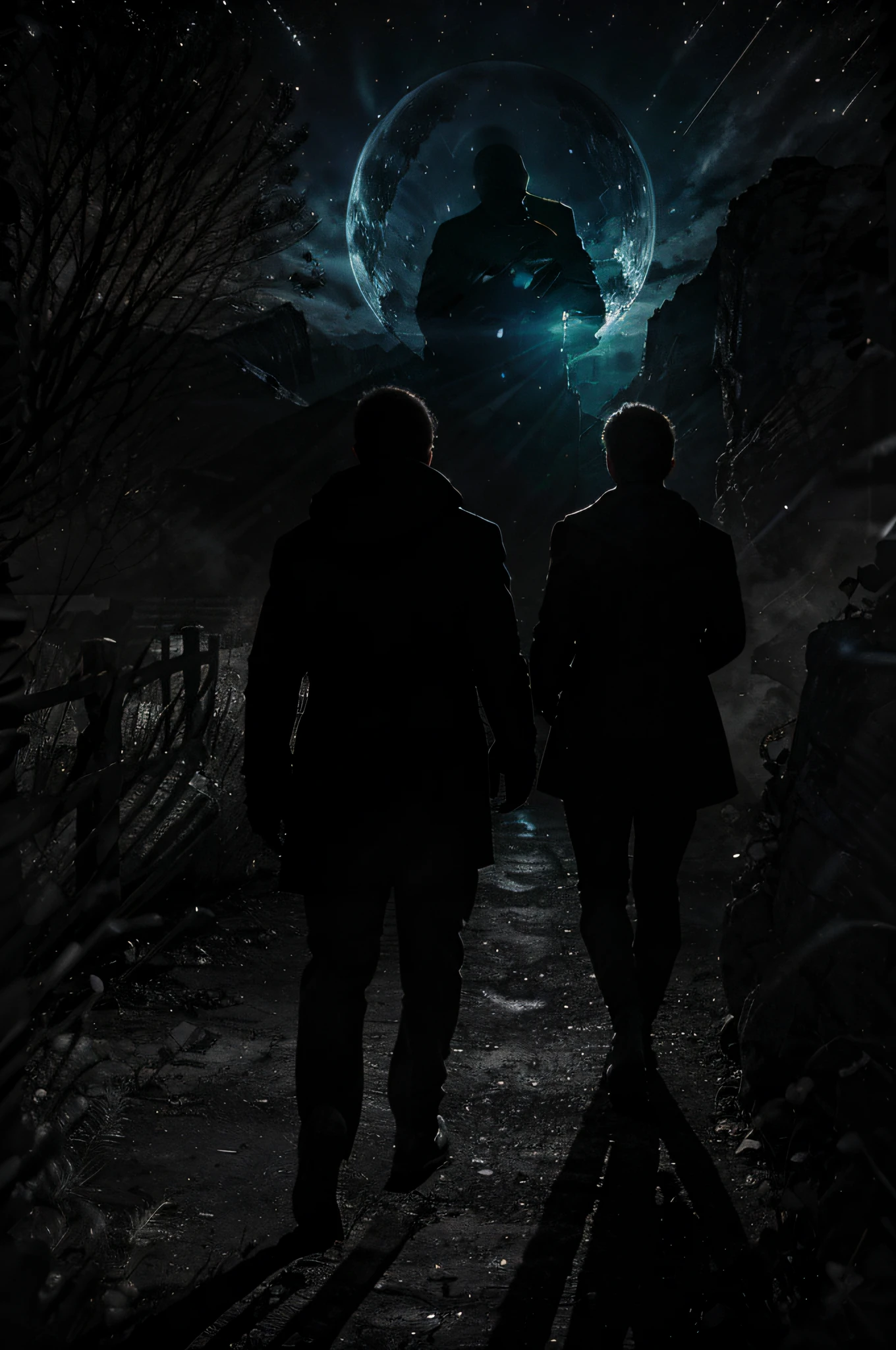 Silhouette of a man against the background of a fantastic landscape of a dark valley, Around the Shadow, Creature Shadows, Man holding a flashlight in his hands, Caucasian man in hooded jacket, Scary Shadows, terror