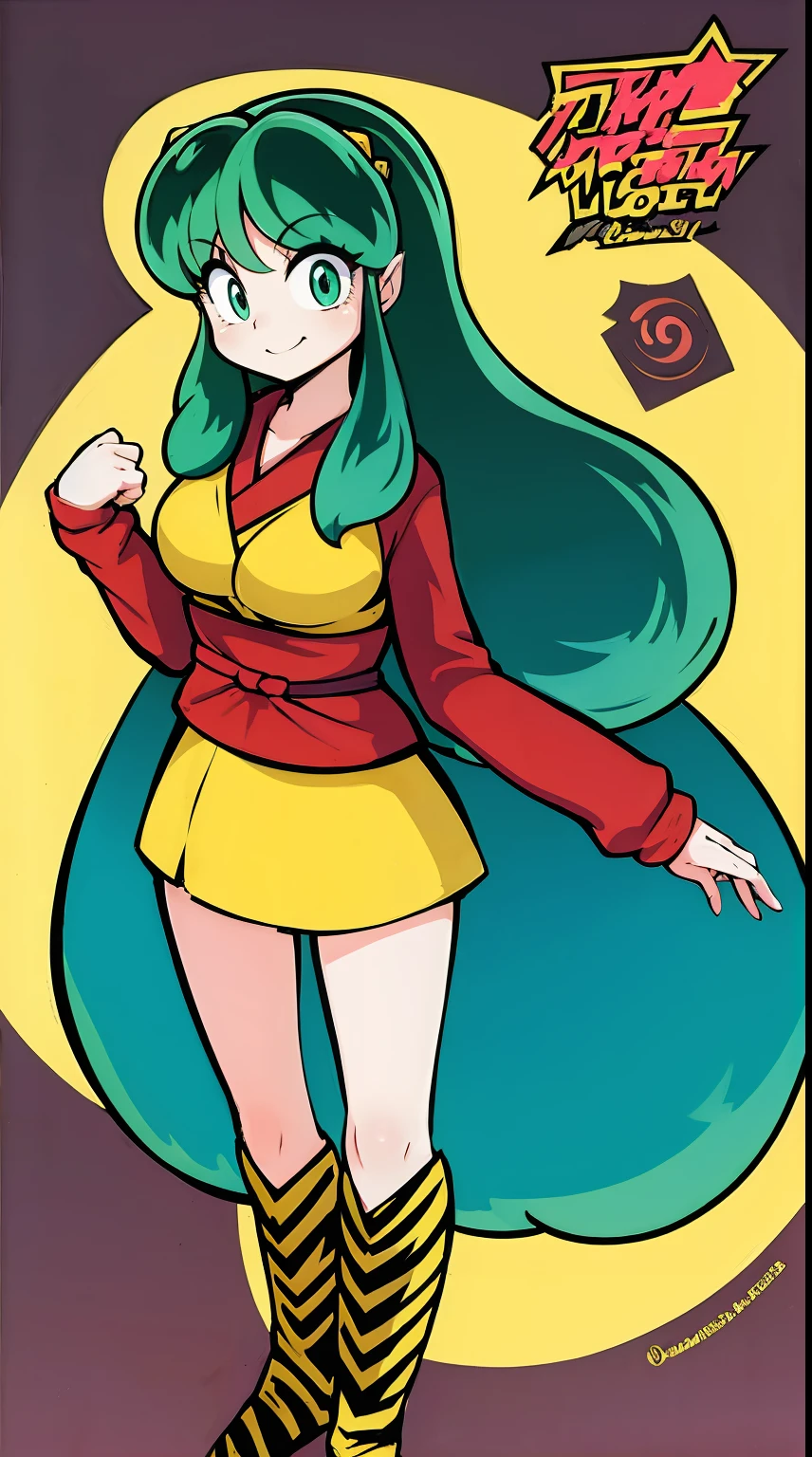 lum, , superhero costume, urusei yatsura, cloak, pants, pullover, kimono,martial pov,, pantyhose, sharpteeth, standing,smile, matial art