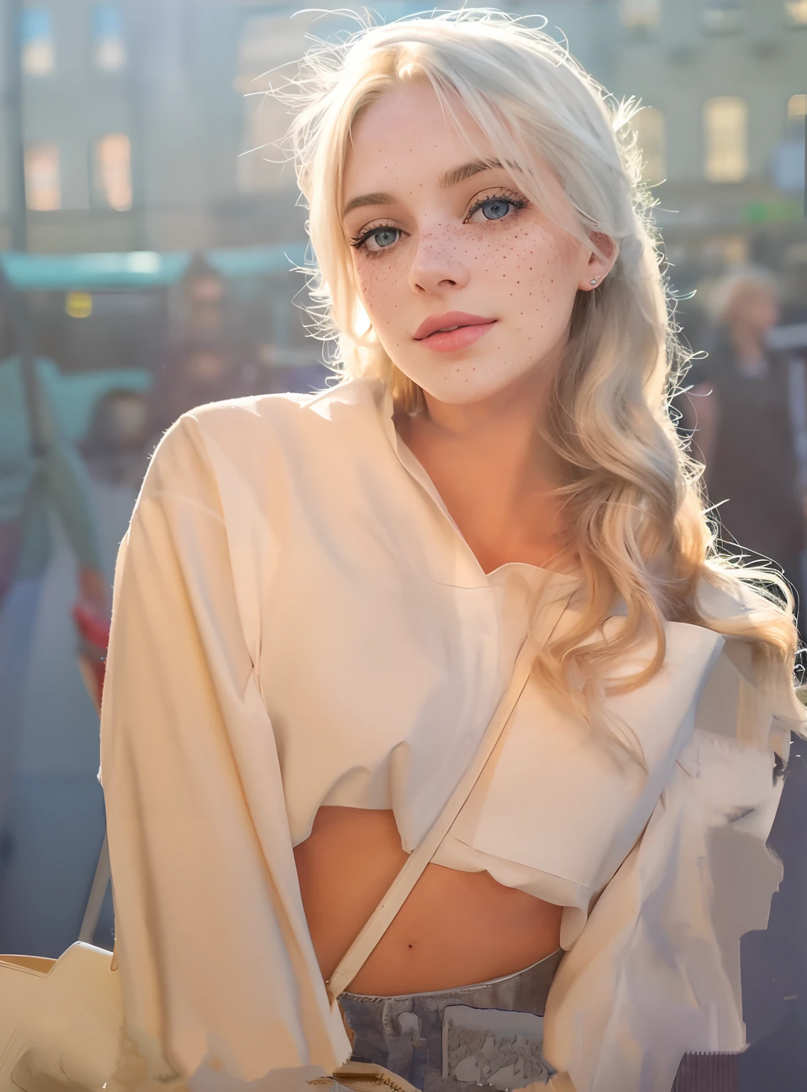 mulher, americana, 25 anos, pale skin and freckles, olhos cinzas, nariz delicado, soft and delicate lips, Cabelo blondie cinza longo e ondulados, sorriso meigo