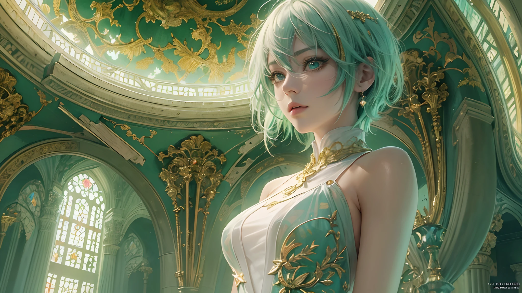 (masterpiece,) (HDR:1.4)attractive anime young woman, multicolored jade green and silver lined hair, streaked hair, green and white wig,full body composition,clean lines, sharp focus, style of artgerm, akihiko yoshida, makoto shinkai, unreal engine 5,octane render exquisite details, fine eyelashes, shiny eyes, visual complementary color, light,translucent, psychedelic, hidden color, clean color, natural, translucent, exposure,(short hair, petite, pixie, tomboy),background_baroque dome interior, symetrical, decoupage floor, realistic, detailed, gold leafed, jeweled, night scene, moonlit, low angle,