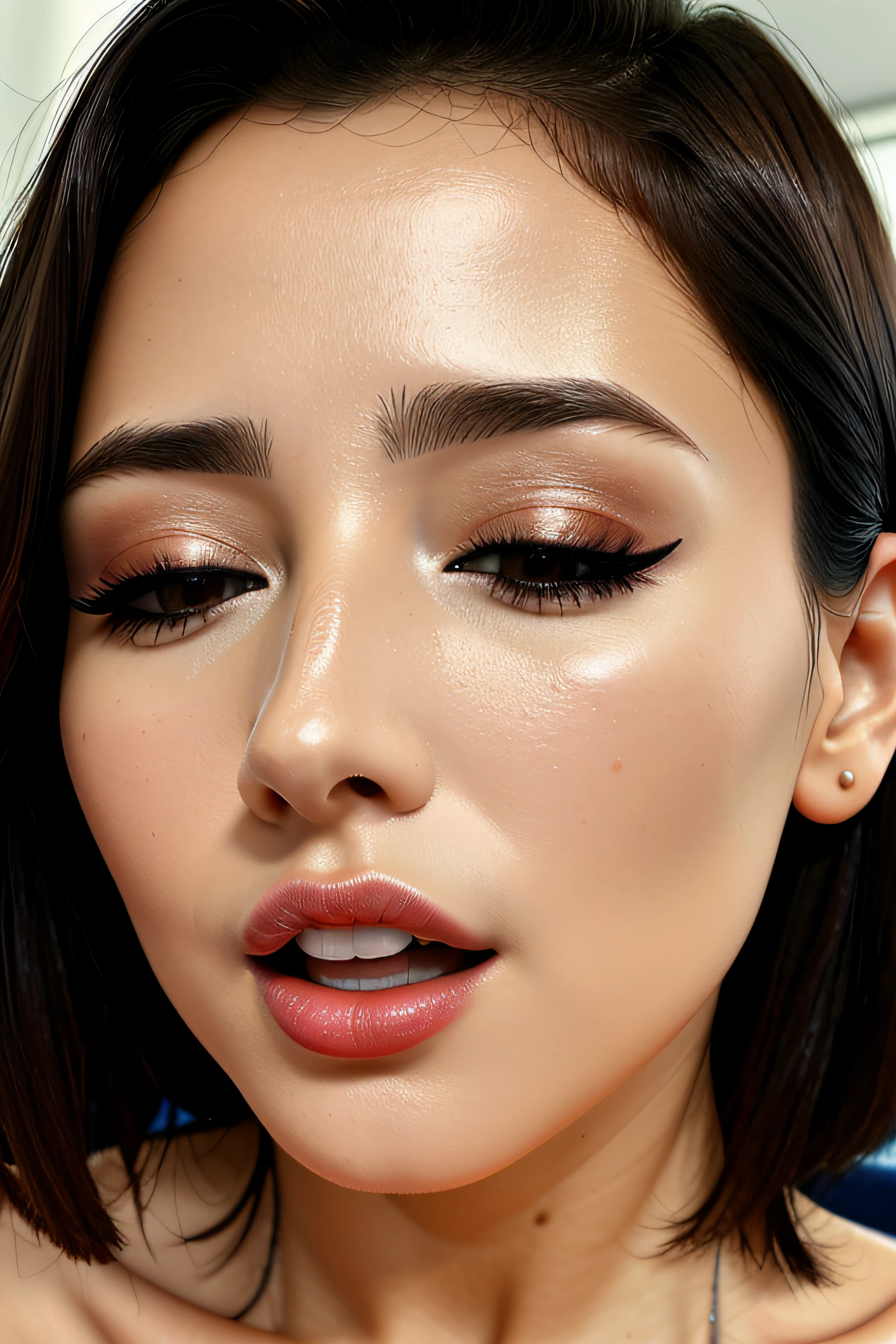 masutepiece,,award - winning photo, Extremely detailed, edgOrgasm,Face Focus, Face Close-up、(Woman with mouth open and eyes closed ), 18year old、A dark-haired、CNN News Anchor、Glossy skin、inside of a car、Close-up of face,frombelow、realistic nose,short cut hair、kiss