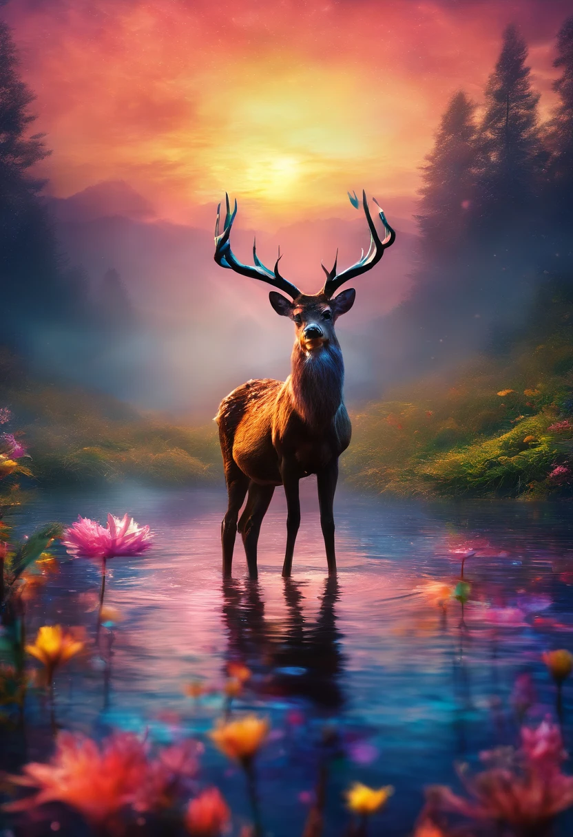 rivulets,rainbowing,jungles,Flowers,sika deer,steamy,smog,Immortal,vibrant with colors,Water surface reflection,Real light,super-fine,Hyper-realistic,Ultra photo realsisim,tmasterpiece,8k,on focus,Bokeh,Detailed pubic hair,hyper-detailing,high qulity,High definition,cinematic perspective