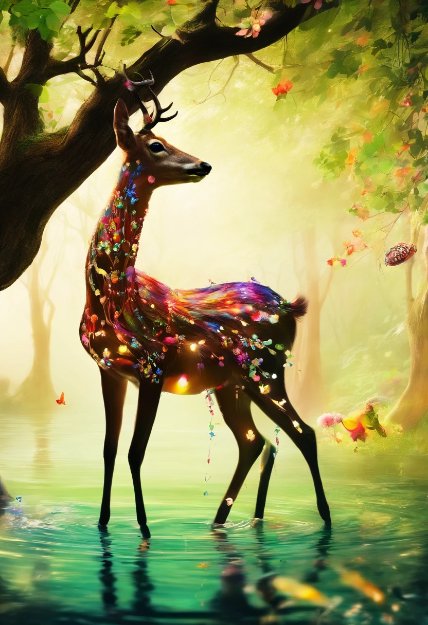 rivulets,rainbowing,jungles,Flowers,sika deer,steamy,smog,Immortal,vibrant with colors,Water surface reflection,Real light,super-fine,Hyper-realistic,Ultra photo realsisim,tmasterpiece,8k,on focus,Bokeh,Detailed pubic hair,hyper-detailing,high qulity,High definition,cinematic perspective