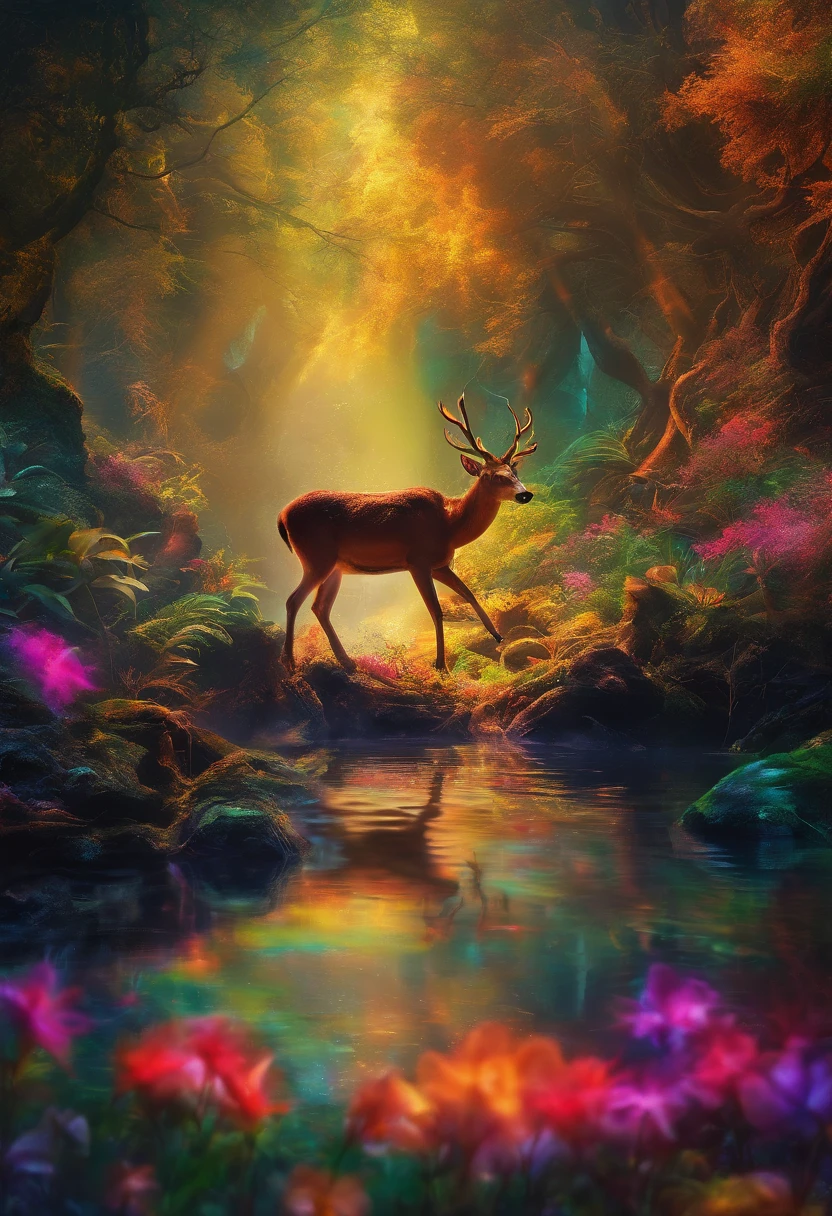 rivulets,rainbowing,jungles,Flowers,sika deer,steamy,smog,Immortal,vibrant with colors,Water surface reflection,Real light,super-fine,Hyper-realistic,Ultra photo realsisim,tmasterpiece,8k,on focus,Bokeh,Detailed pubic hair,hyper-detailing,high qulity,High definition,cinematic perspective