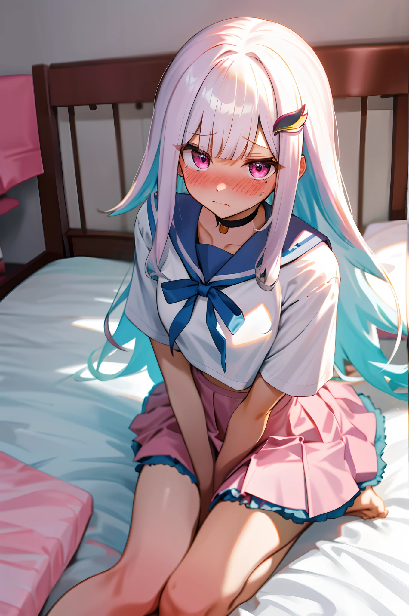 One girl with long wavy hair, white hair, looking at viewer, embarrassed, blushing, tears, indoor , girls bedroom, pink bed, cute girls room, pink sailor uniform, white shirts, pleated skirt , pink skirt, mini skirt, midriff, slim, dizzy, choker, mid-chest, wide hips, perfect waist, bed, sit on, spread legs, day atmosphere, hair ornament, kneeling pose, from above