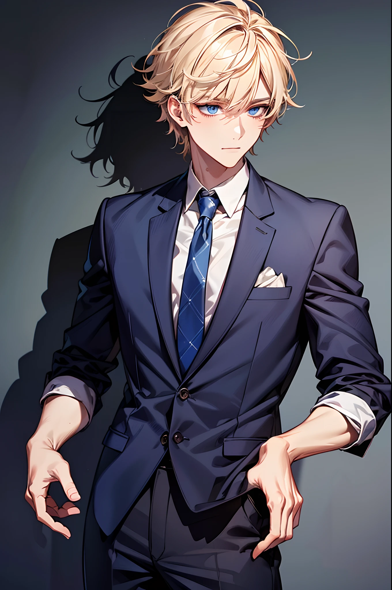best quality, high quality, High definition, High quality texture, High quality shadow, high detail, beautiful detailed, finely detailed, extremely detailed cg, detailed texture, 1man, boy, male, blonde hair, messy hair, blue eyes ((school uniform)), ((cool))),
