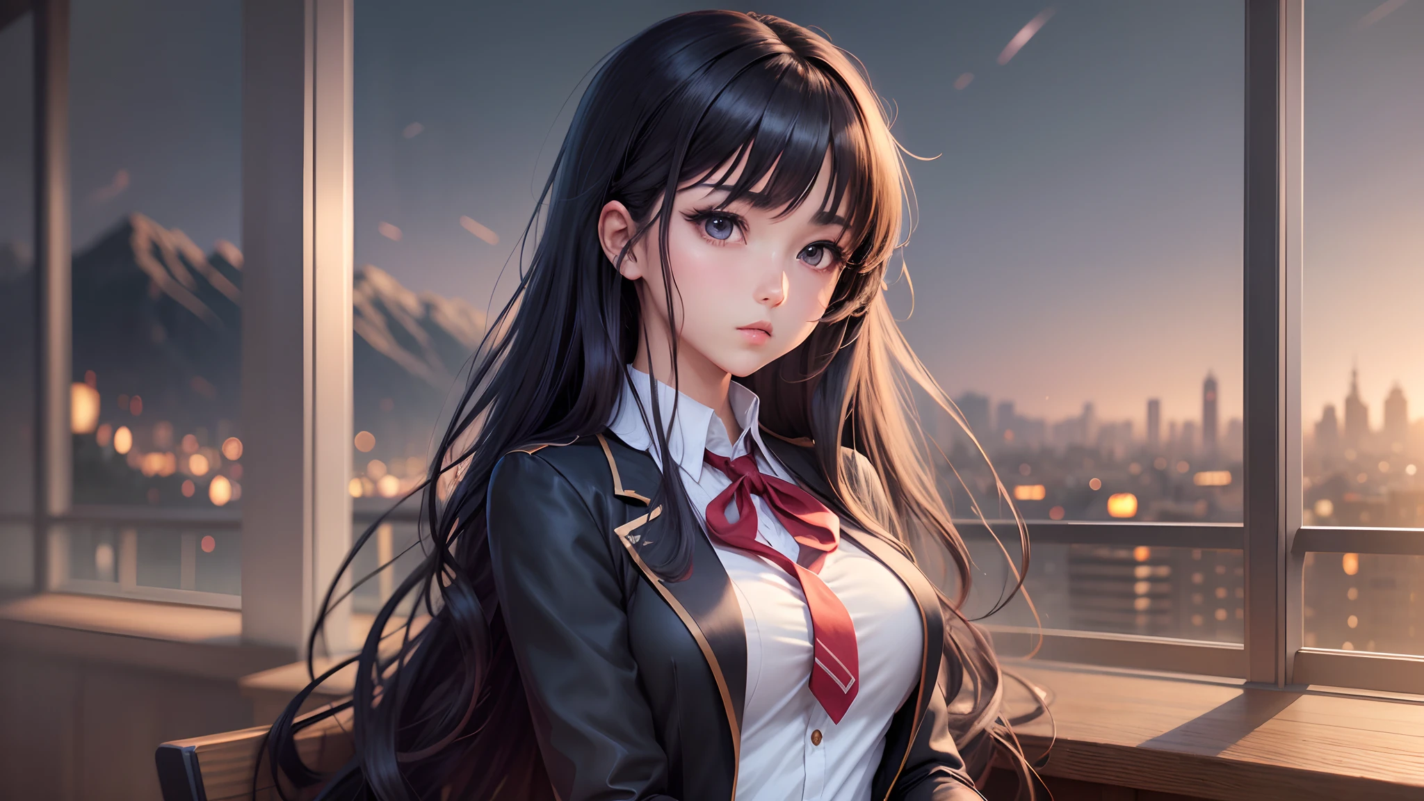 Beautiful anime girl, dark medium-long hair,  school uniform, large chest, Super beautiful detailed face, super detail, high resolution, ultra-quality, very wide shoot angle, 4K landscape wallpaper --auto --s2