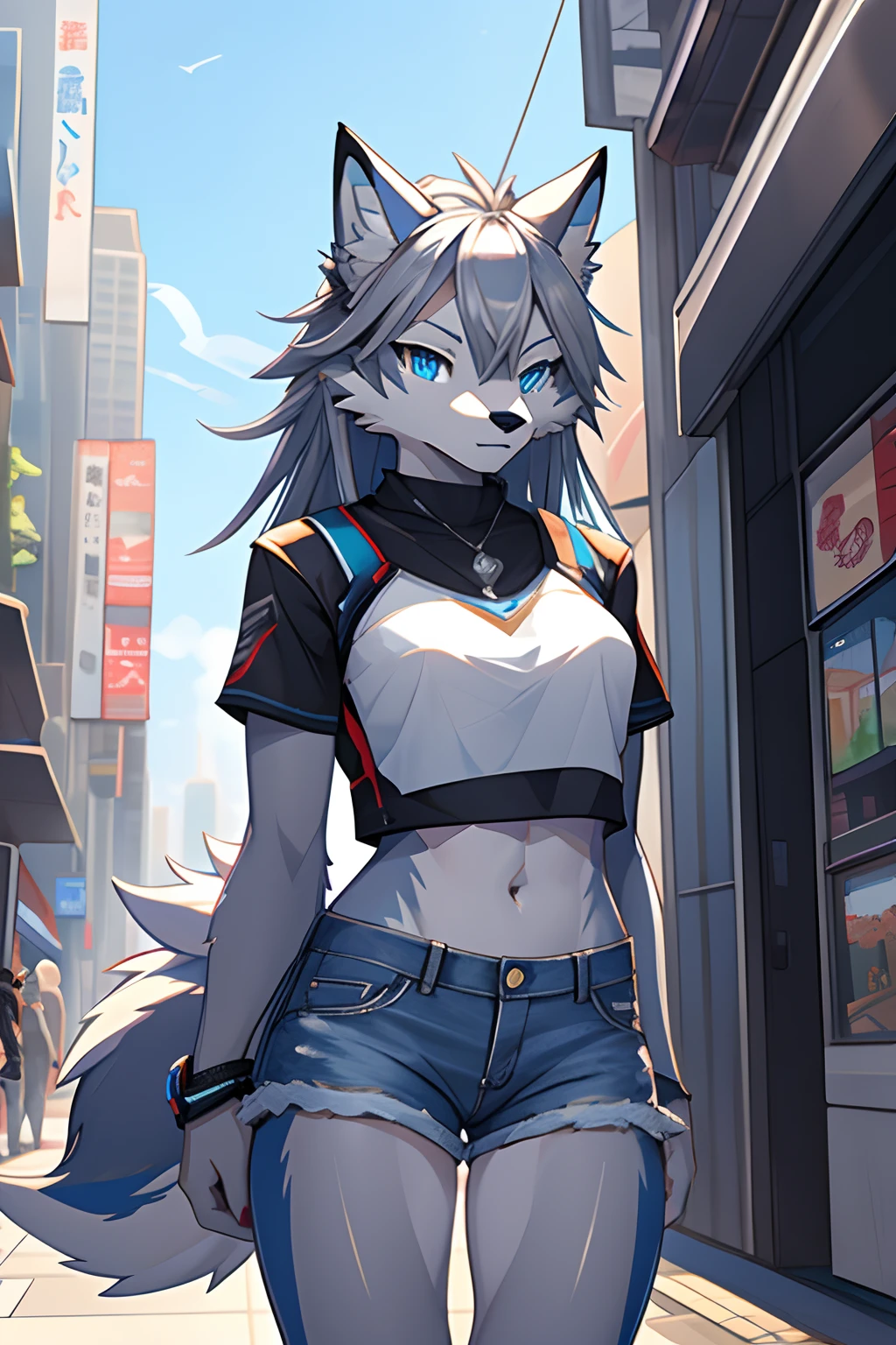 masterpiece, solo, 1girl, Furry, kemono, furry wolf, anthropomorphic, female, blue eyes, (silver fur, silver skin), silver crop top, blue jean shorts, revealing clothing, sci-fi city, uploaded on e621,