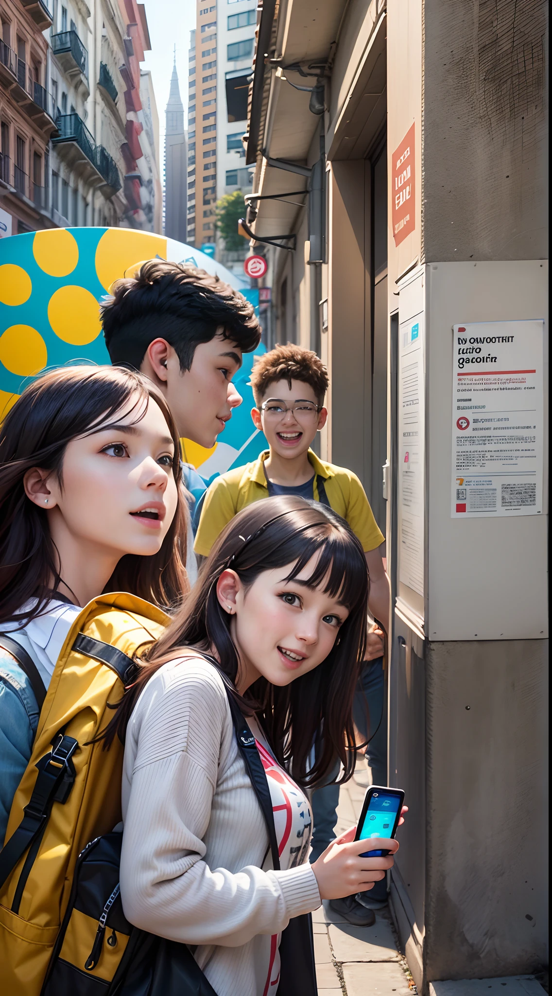 first-person view of a group of happy young people, they scan the QR code of a white sign on a street wall with their smartphone, realistic image, vertical format --auto --s2