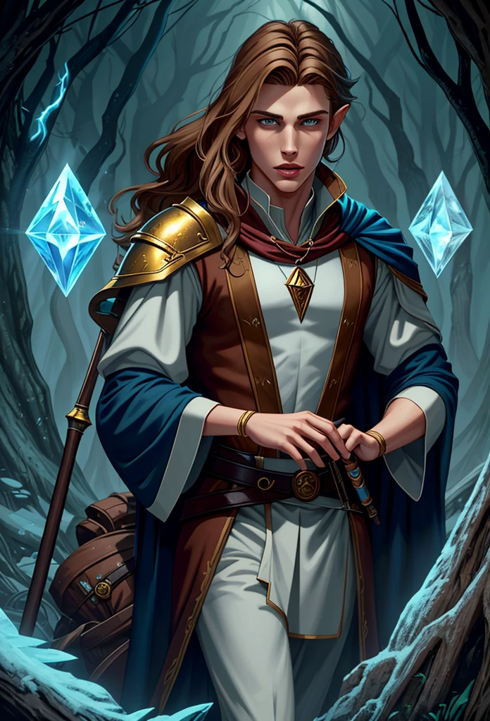 solo, 1 boy, male, Half elf, wizard, Triangle shaped face with the nose, Chiseled jaw, lips and cheeks of Austin Butler. He is 5 feet 9 inches tall, Golden brown upturned eyes, Medium length hair, light brown hair color, Half ponytail. White adventuring robes with blue trim, Casting an ice spell, Dark misty forest background. A medieval artwork for RPG, detailed digital 2d fantasy art, graphic artist Magali Villeneuve