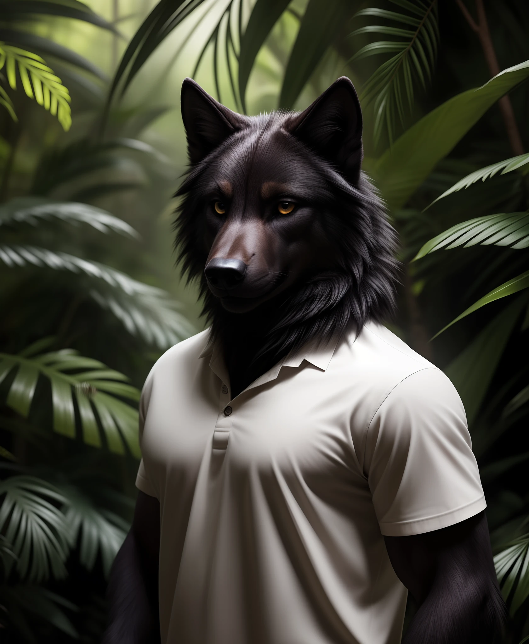 (realistic, professional photo:1.2), best quality, anthropomorphic wolf, (furry body:1.2), detailed dark fur, (detailed skin:1.2), , detailed eyes, beautiful black hair, dense jungle, shirt