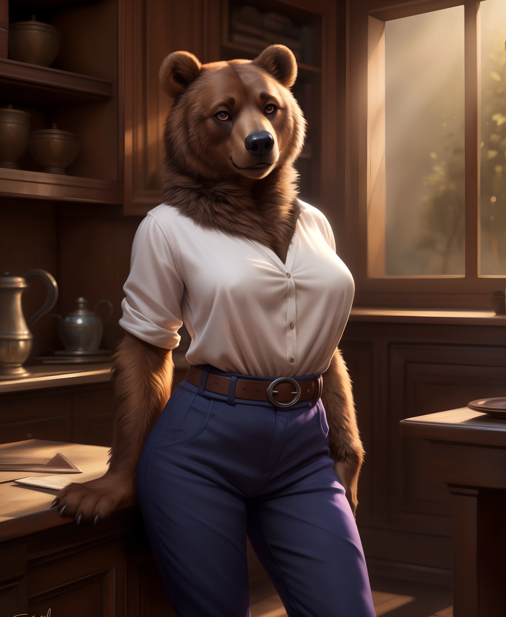 by personalami, by honovy, by thebigslick, by taran fiddler, by kenket, female Rebecca, bear, furry, cute sexy young, perfect breasts, pants, blue/purple pants, tail, short tail, (fluffy, furry:1.3) backlighting, detailed background, (cinematic lighting:1.2), braless, shirt, 8k hd, professional photoshoot, highest quality, (extreme fur detail:1.2), professional photoshoot, front view, (big wide detailed brown pixar eyes:1.2), real life, depth of field,