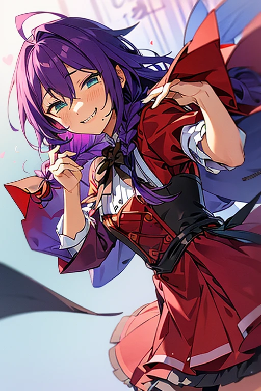 long hair, mole under mouth, purple hair, single braid, hair between eyes, aqua eyes, sharp teeth, ahoge, 1girl, blush, smile, red riding hood dress