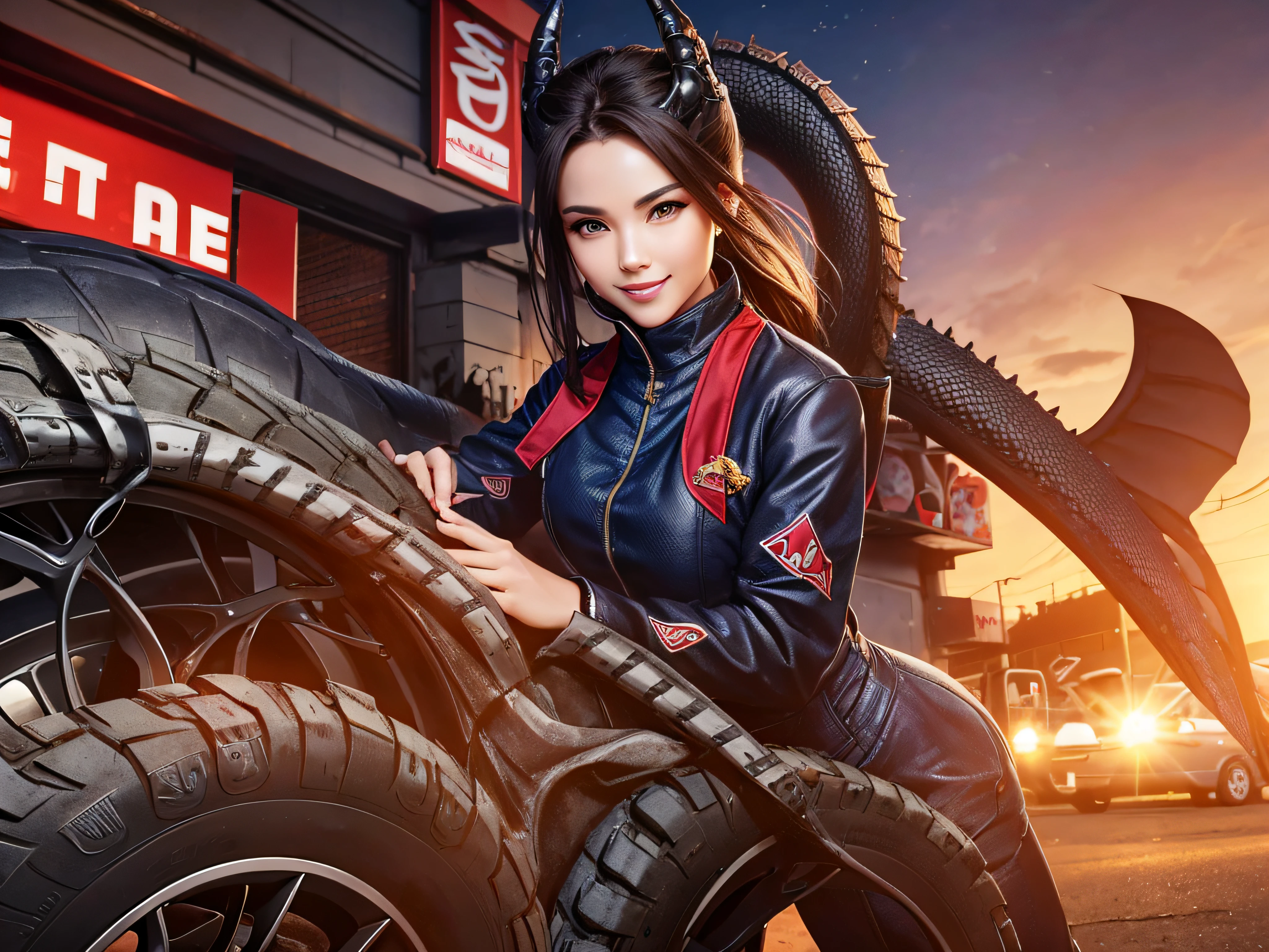 new year, tire service, tires with dragon head smile, with a women of model appearance