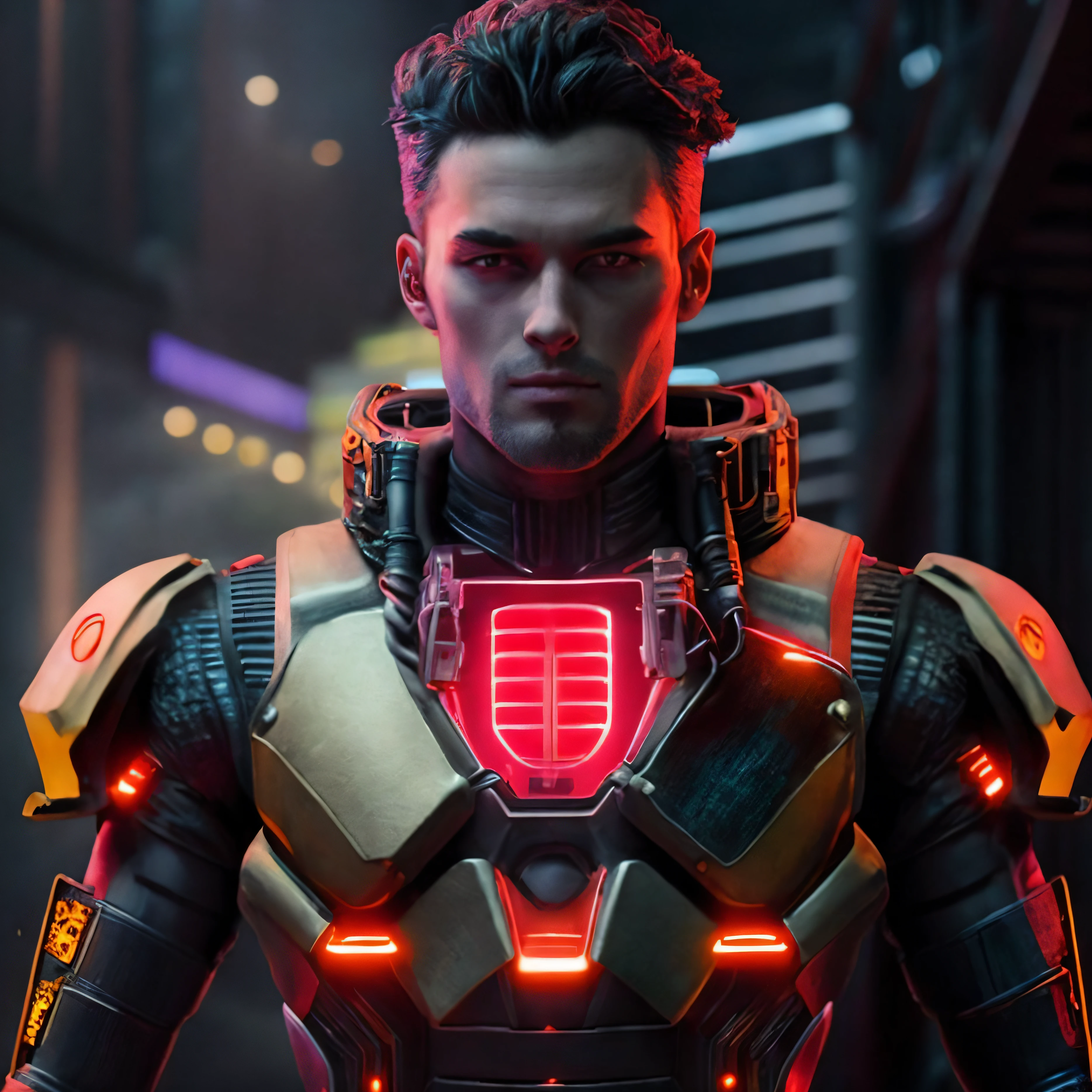 photo-realistic, 8k, altamente detalhado, Retrato realista de um homem, velho , caucasiano, Cyberpunk mechanical android body with red luminous detail, The body looks at the camera, olhando para o espectador de frente, anatomicamente correto, photographic, pele detalhada, Realistic, quadro de comprimento total, Cyberpunk tech city with soft red neon lighting, profundidade de campo rasa, foco nítido, hiper realisitc, Cinematic lighting