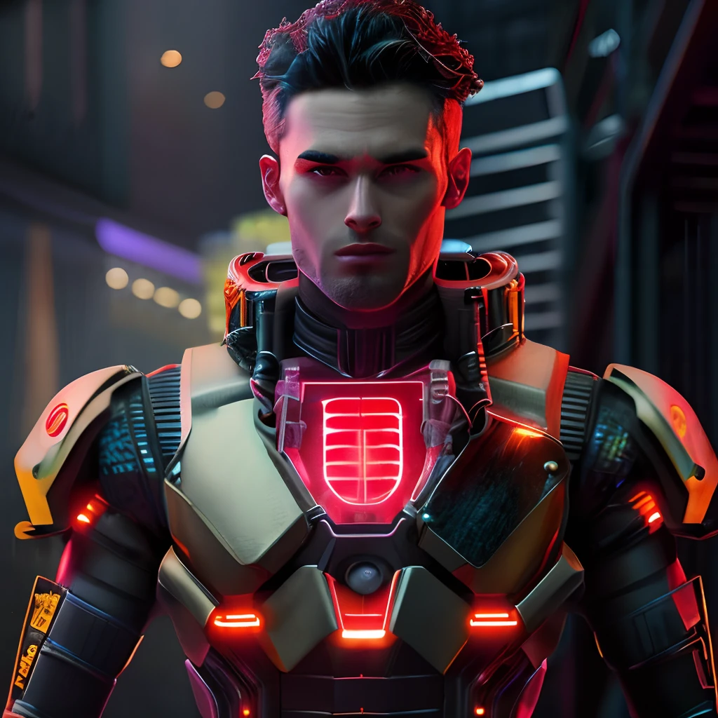 photo-realistic, 8k, altamente detalhado, Retrato realista de um homem, velho , caucasiano, Cyberpunk mechanical android body with red luminous detail, The body looks at the camera, olhando para o espectador de frente, anatomicamente correto, photographic, pele detalhada, Realistic, quadro de comprimento total, Cyberpunk tech city with soft red neon lighting, profundidade de campo rasa, foco nítido, hiper realisitc, Cinematic lighting