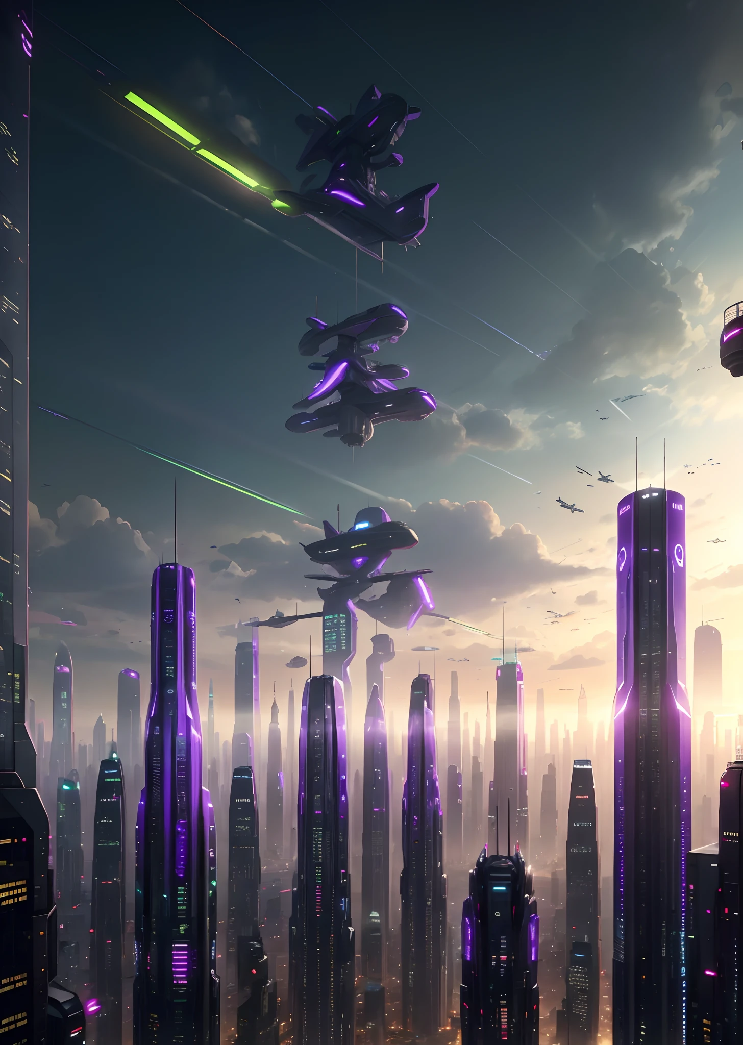 A futuristic hopeful busy city, Purple and green color scheme." Integration in three words "Army Day" In urban architecture，Looming。The graphics are surreal