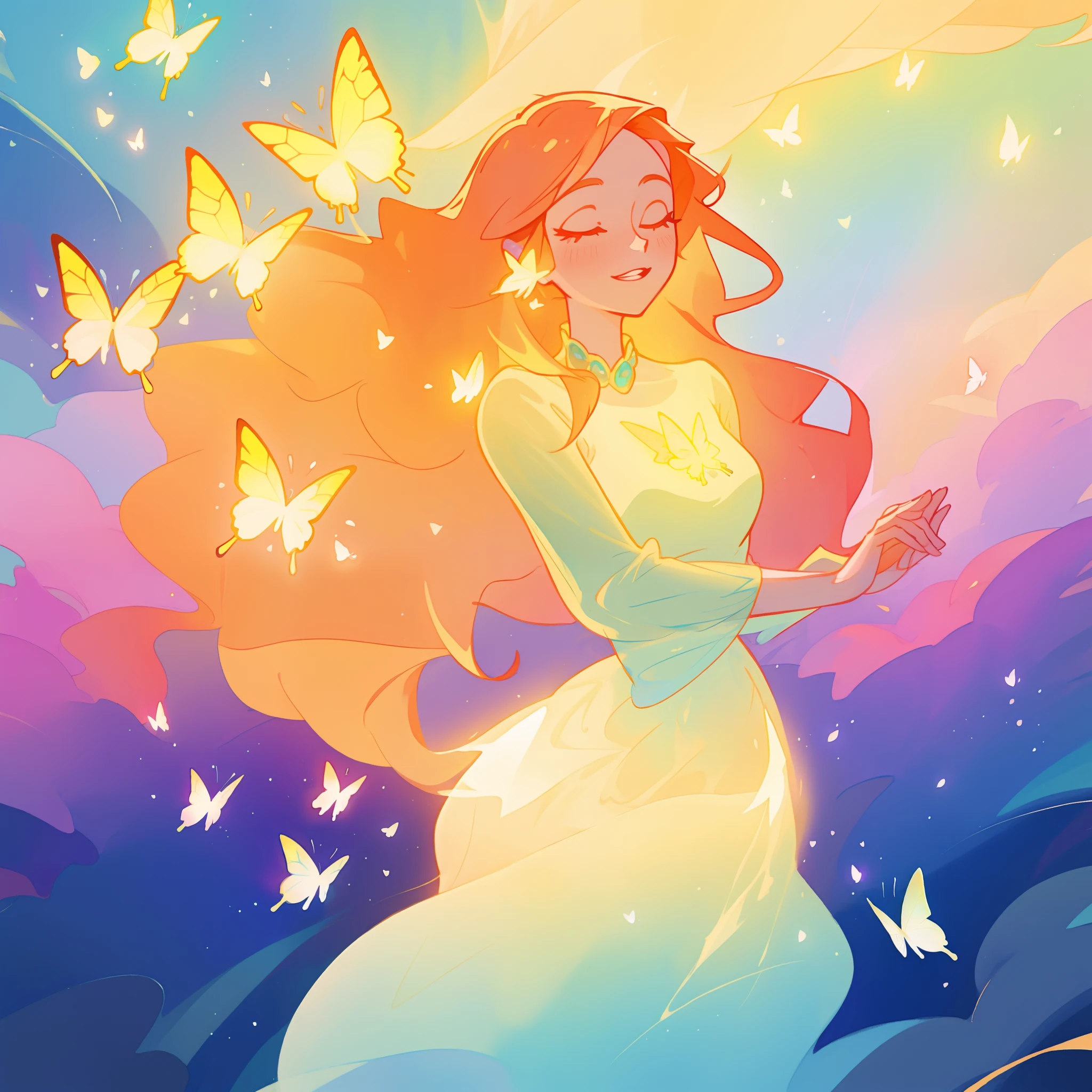 beautiful girl in flowing puffy gradient gold to aqua ballgown, ((glowing butterflies)), flowing sheer sleeves, (gradient yellow to aqua ballgown skirt), long sparkling red hair, delicate gold crown, fantasia background, watercolor illustration, inspired by Glen Keane, inspired by Lois van Baarle, disney art style, by Lois van Baarle, glowing aura around her, by Glen Keane, jen bartel, glowing lights! digital painting, flowing glowing hair, glowing flowing hair, beautiful digital illustration, fantasia otherworldly landscape plants flowers, beautiful, masterpiece, best quality, anime disney style