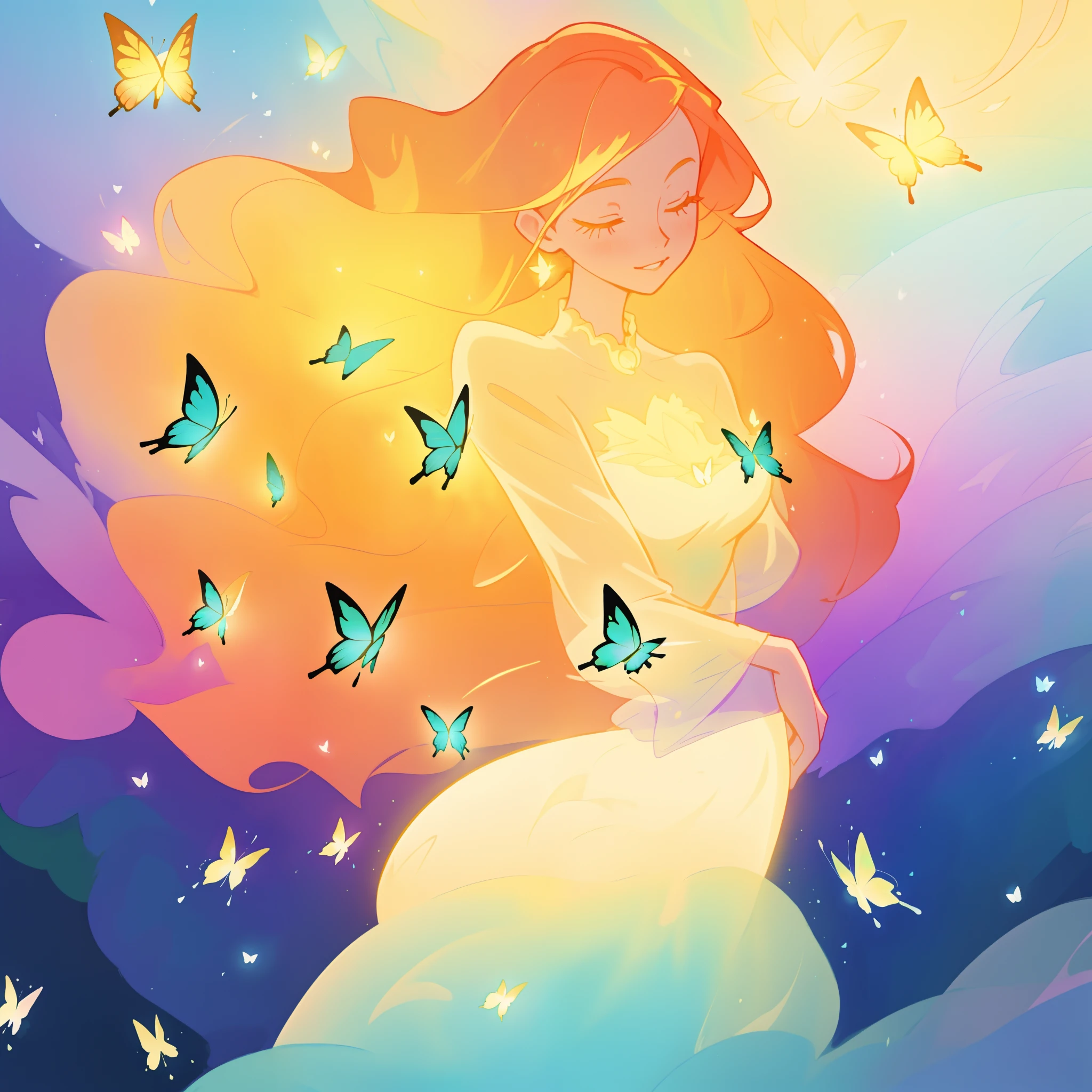 beautiful girl in flowing puffy gradient gold to aqua ballgown, ((glowing butterflies)), flowing sheer sleeves, (gradient yellow to aqua ballgown skirt), long sparkling red hair, delicate gold crown, fantasia background, watercolor illustration, inspired by Glen Keane, inspired by Lois van Baarle, disney art style, by Lois van Baarle, glowing aura around her, by Glen Keane, jen bartel, glowing lights! digital painting, flowing glowing hair, glowing flowing hair, beautiful digital illustration, fantasia otherworldly landscape plants flowers, beautiful, masterpiece, best quality, anime disney style