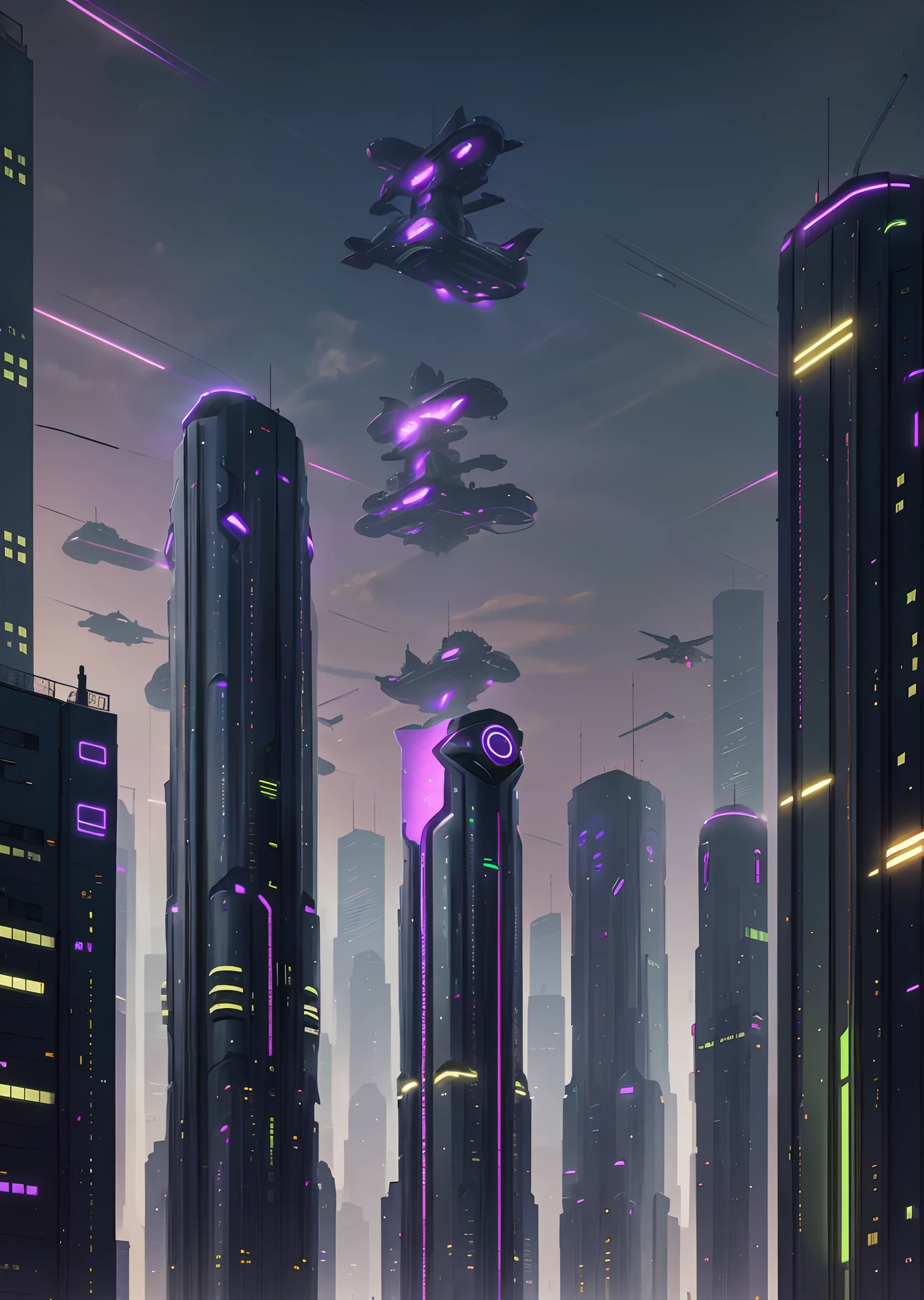 A futuristic hopeful busy city, Purple and green color scheme." Integration in three words "Army Day" In urban architecture，Looming。The graphics are surreal
