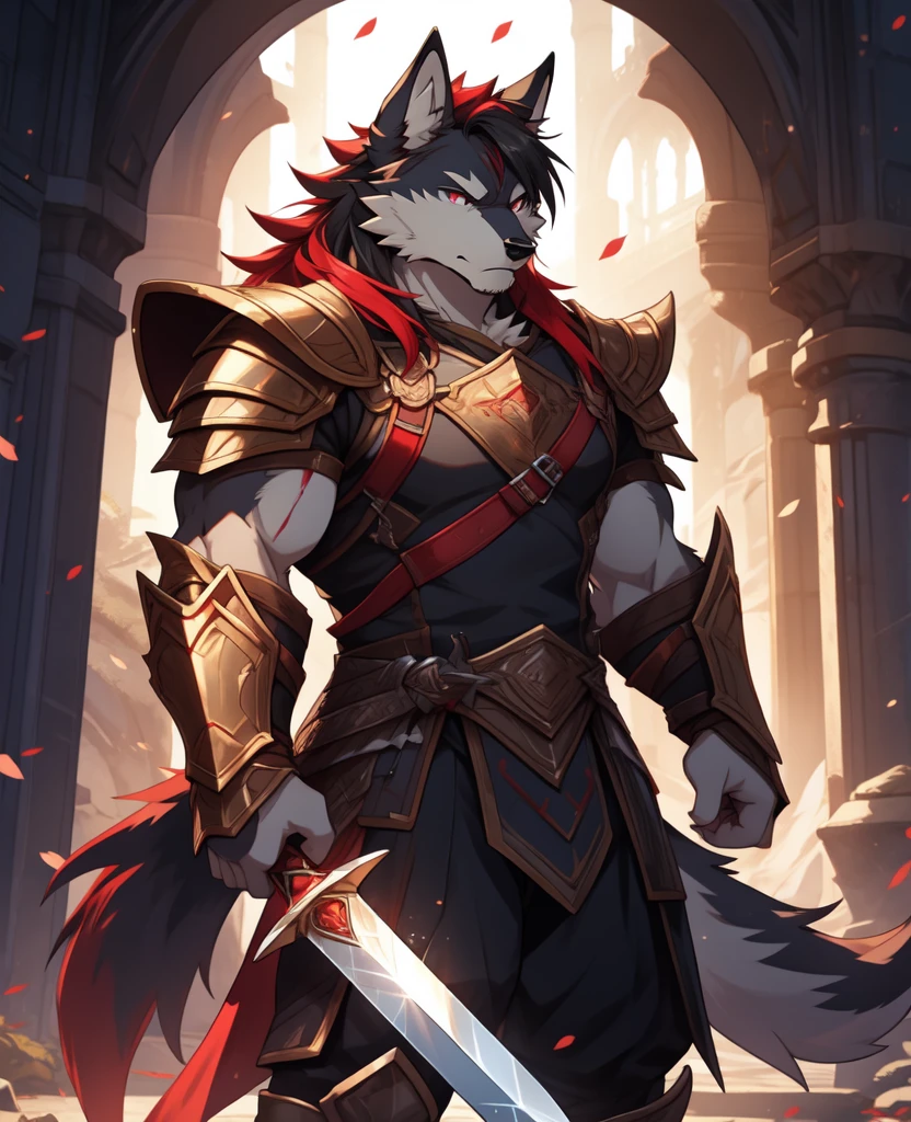 solo person,White body,Red ears,Red hair,Black hair,Overall red,Purple left eye,Golden right eye,Wolf tail,Wolf orcs,Ultra-clear screen,Soft lines, Perfect lighting, Light particles,(Best quality),(Masterpiece),(Ultra detailed),Sharp focus,Light particles, Detailed background,battlefiled,Armour,Red Great Sword,Sad expression,Swing the broadsword,blood