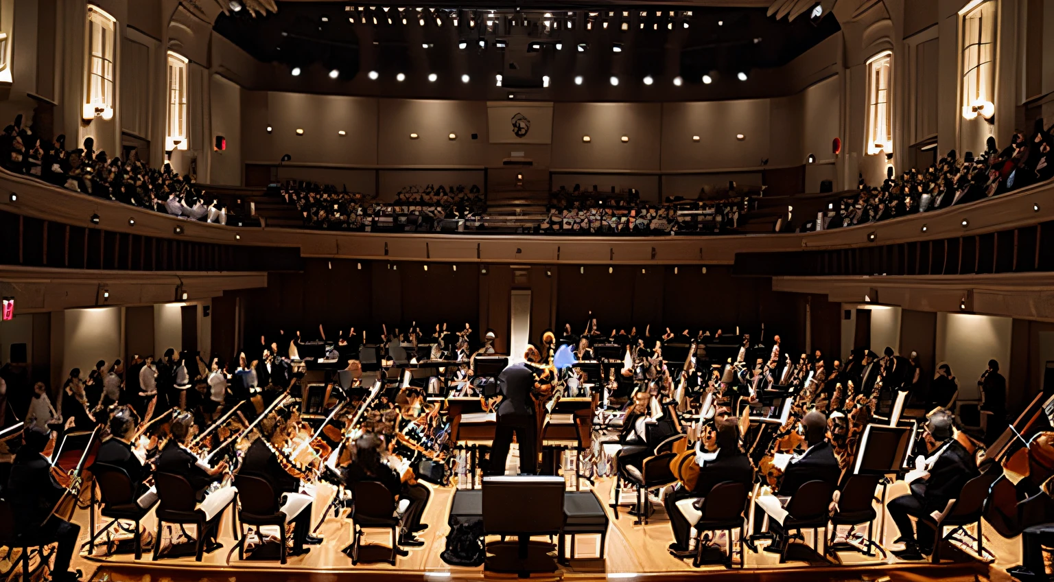 The symphony orchestra plays in the concert hall,Lots of spectators