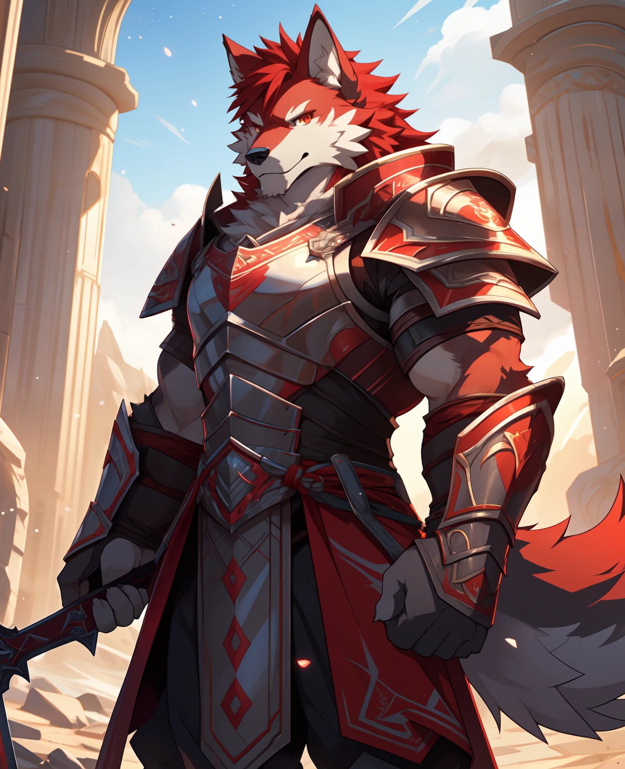 solo person，White body，Red ears，Red hair，Overall red，Golden eyes，Wolf tail，Wolf orcs，Ultra-clear screen，Soft lines， Perfect lighting, Light particles,(Best quality),(Masterpiece),(Ultra detailed),Sharp focus,Light particles, Detailed background，battlefiled，armour，Red Great Sword，looking to the camera