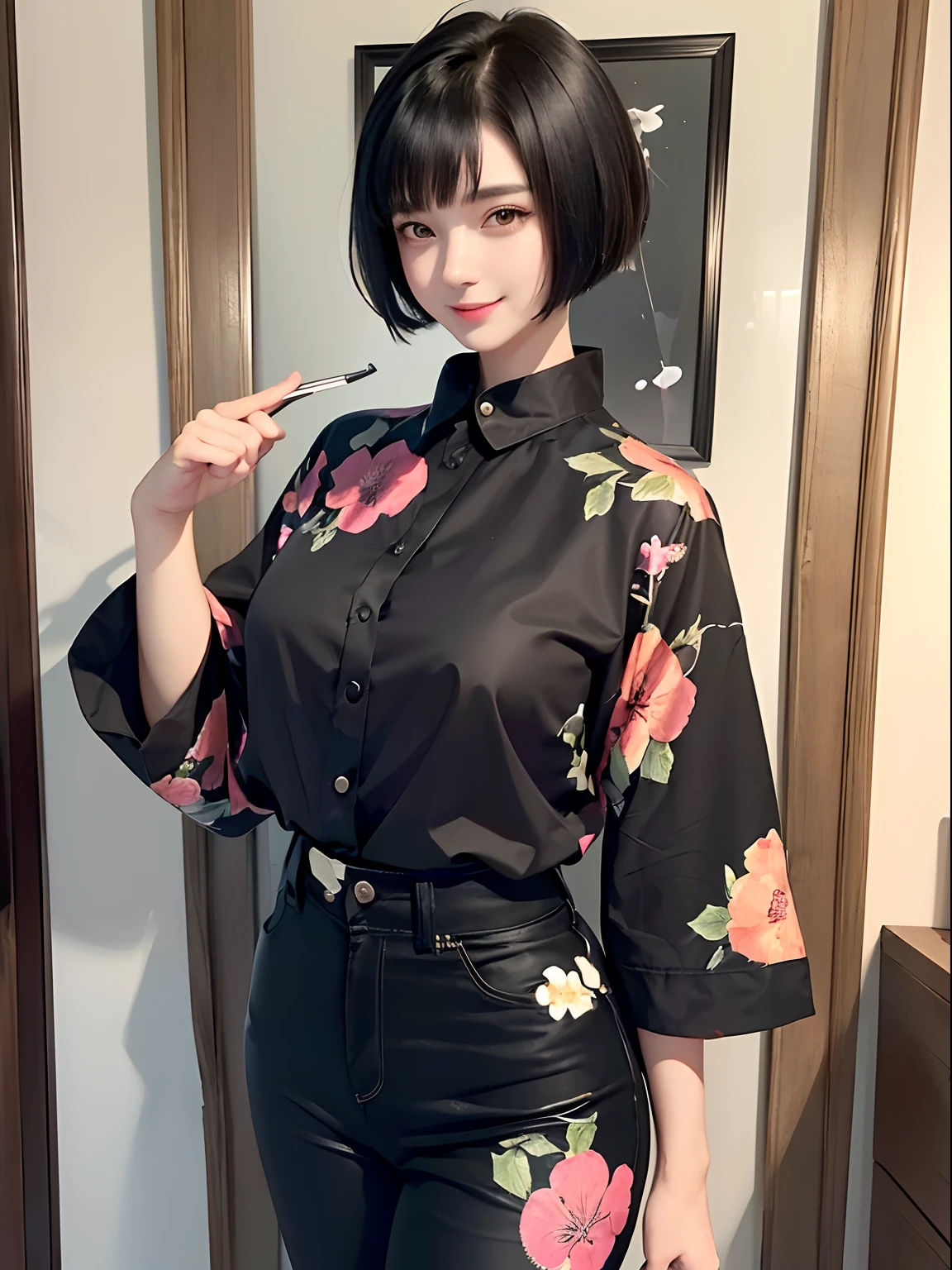 93
(a 20 yo woman,is standing), (A hyper-realistic), (masutepiece), ((short-hair:1.46)), (Smooth black hair), wear long pants, (Wearing a long-sleeved shirt with a floral print), (painterly、picture frame), (Gentle smile), (Keep your mouth shut)