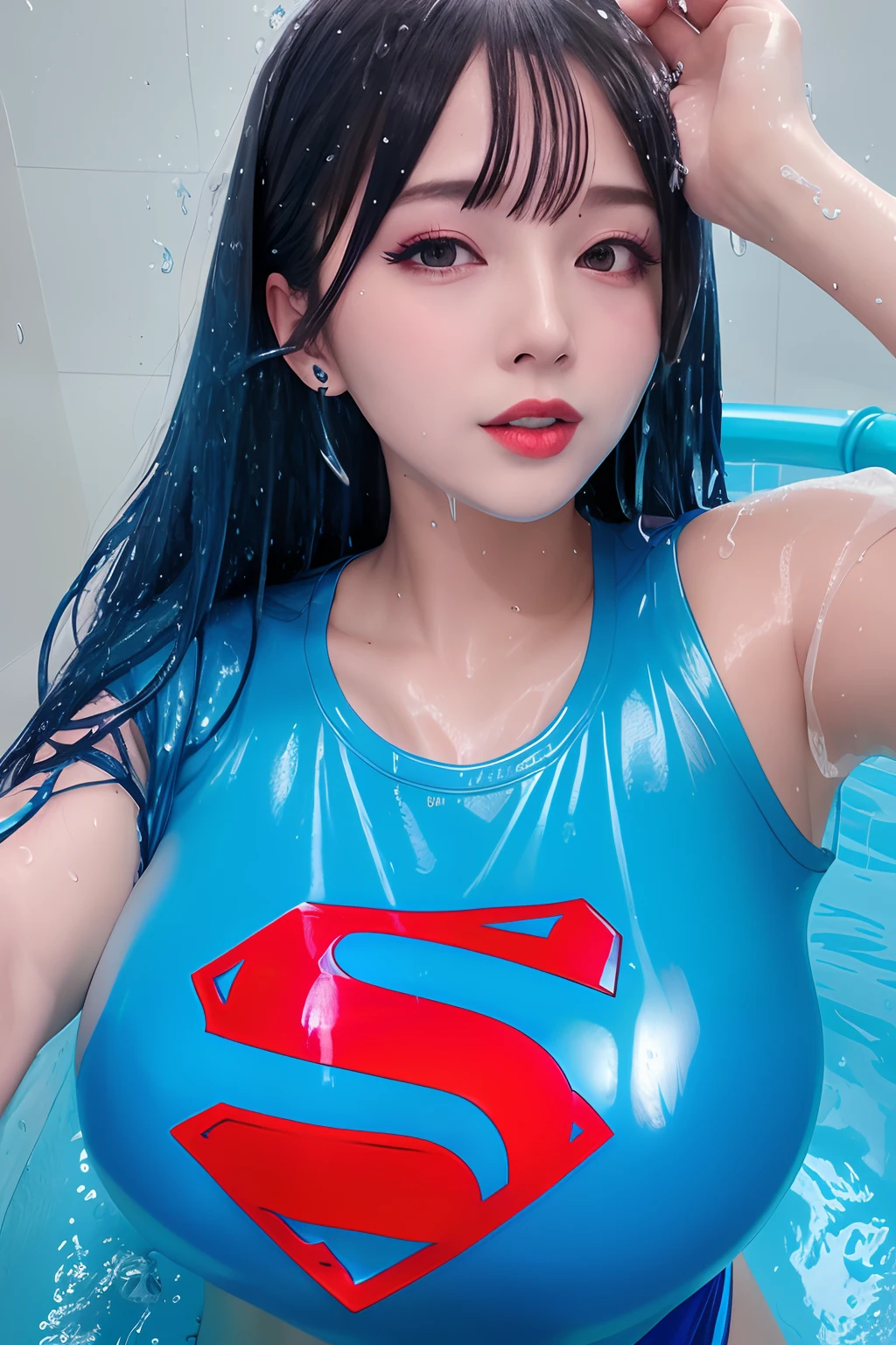 ((blue superman Wet tshirt)) Biggest boobs in the world, Sexualy Emerging from vat full of spit, Spitting on chest boobs, Wet denim jeans, Spit drool saliva covered on color shiny cotton tshirt,  Skintight polo tshirt Giant Huge massive boobs, Submerged in spit bath wearing logo t-shirt, Sprayed with clear spit, Tight oily logo tshirt, boobs, Splosh, wetlook, gunge, bathing in clear lube, sexy Busty nerd, clear lube covered casual clothes, huge boobs, massive breasts, real woman, highly detailed, Big boobs, tight slimy slime t shirt, blue Superman tight t-shirt covered slime, high detail