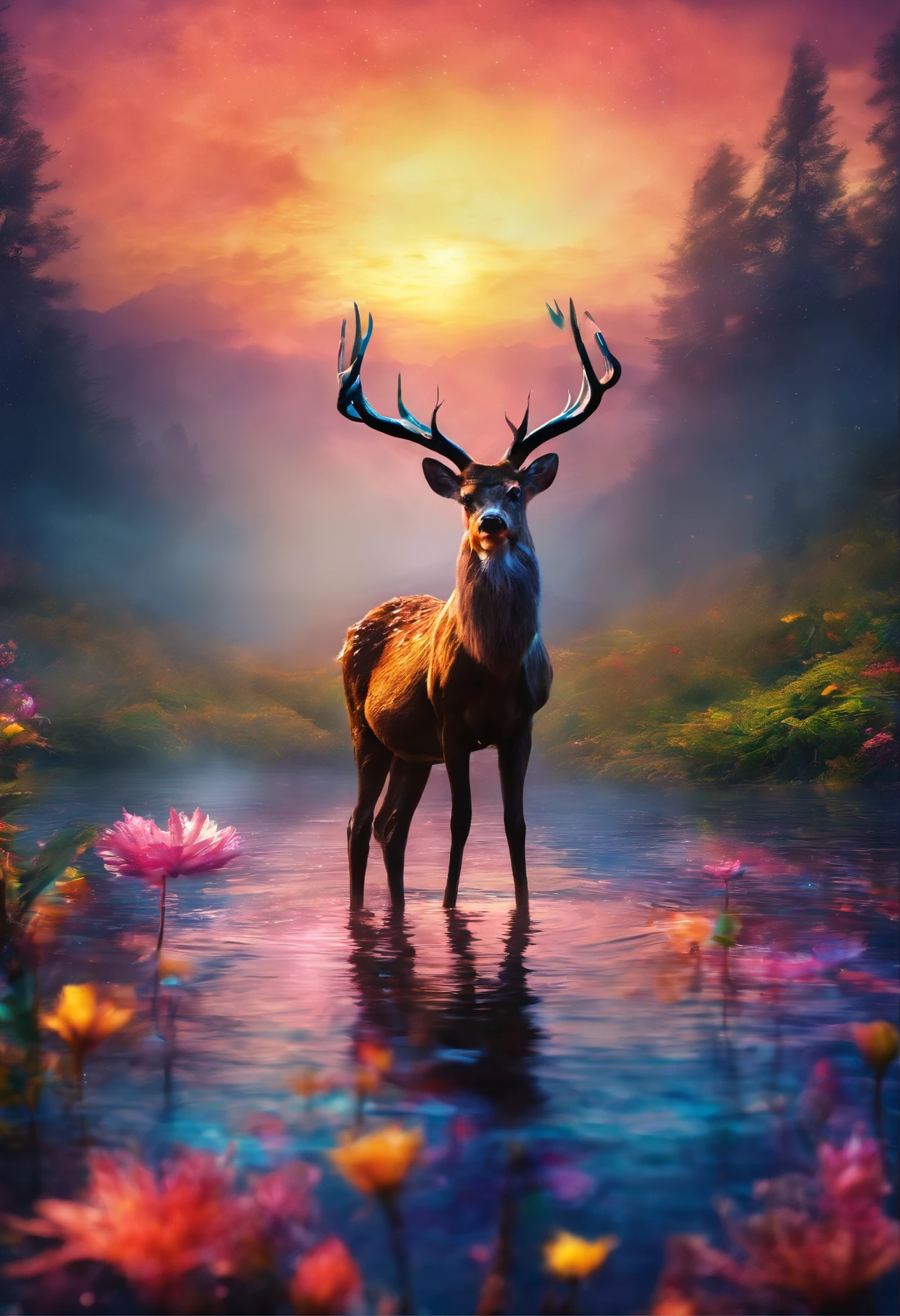 rivulets,rainbowing,jungles,Flowers,sika deer,steamy,smog,Immortal,vibrant with colors,Water surface reflection,Real light,super-fine,Hyper-realistic,Ultra photo realsisim,tmasterpiece,8k,on focus,Bokeh,Detailed pubic hair,hyper-detailing,high qulity,High definition,cinematic perspective