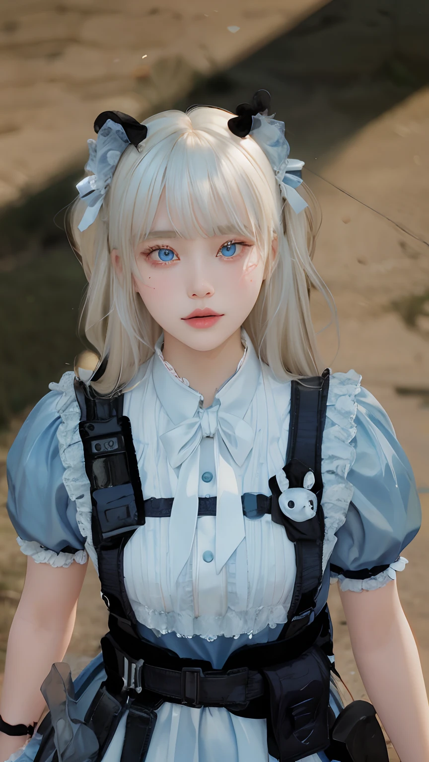 top-quality、超A high resolution、a picture、a photo of a cute girl、Detailed cute and beautiful face、(pureerosface_v1:0.008)、Beautiful bangs、alice in the wonderland、14years、White shiny skin、bangss、Platinum Blonde Super Long Straight Silky Hair、finer hair、Attractive beautiful crystal clear big blue eyes、White Apron、a blue dress、without makeup