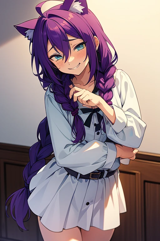 long hair, mole under mouth, purple hair, single braid, hair between eyes, aqua eyes, sharp teeth, ahoge, 1girl, blush, smile, cowboy shot, , catgirl